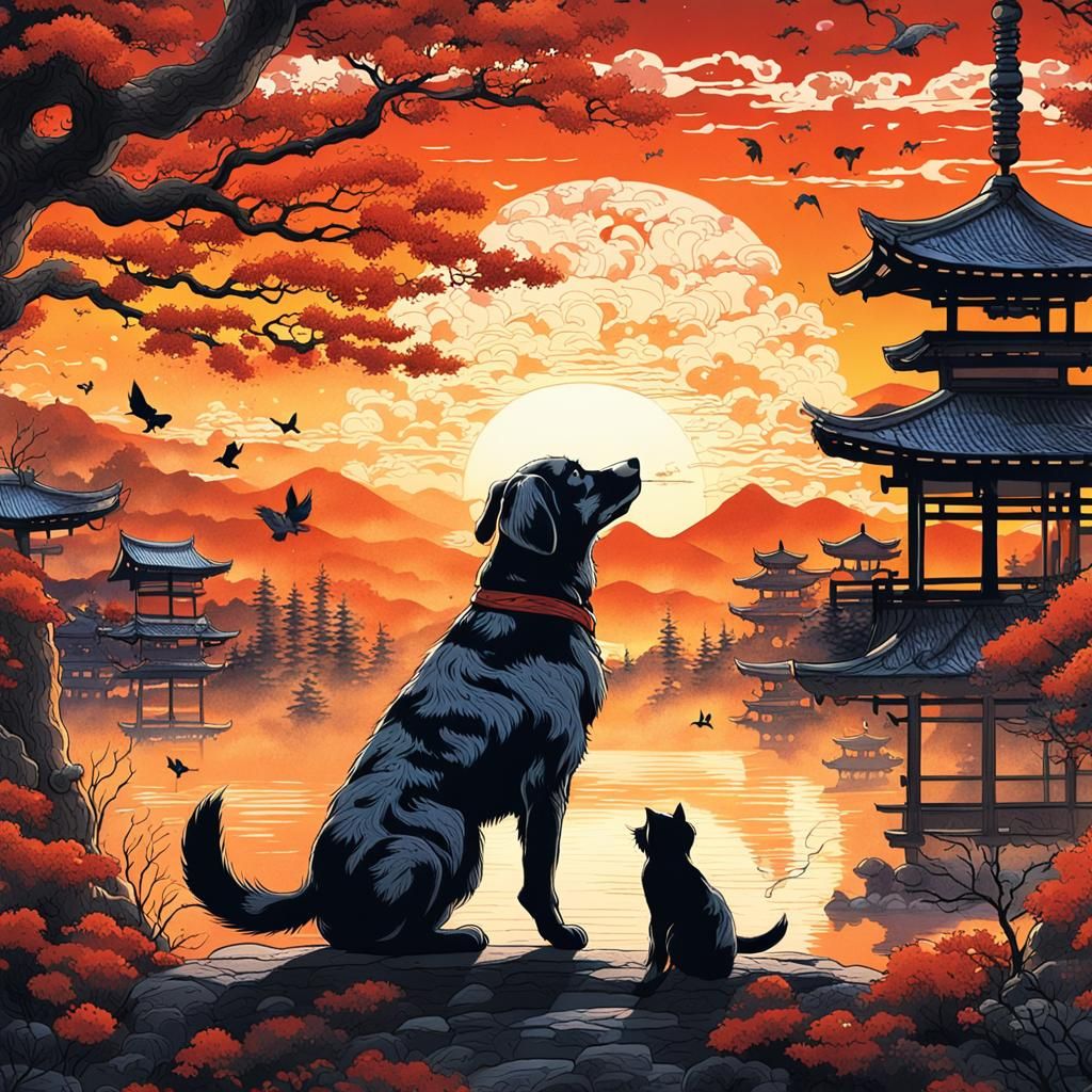 Dog playing with a cat Japanese ink drawing, intricate brushwork, setting sun, centered, 35mm, detailed