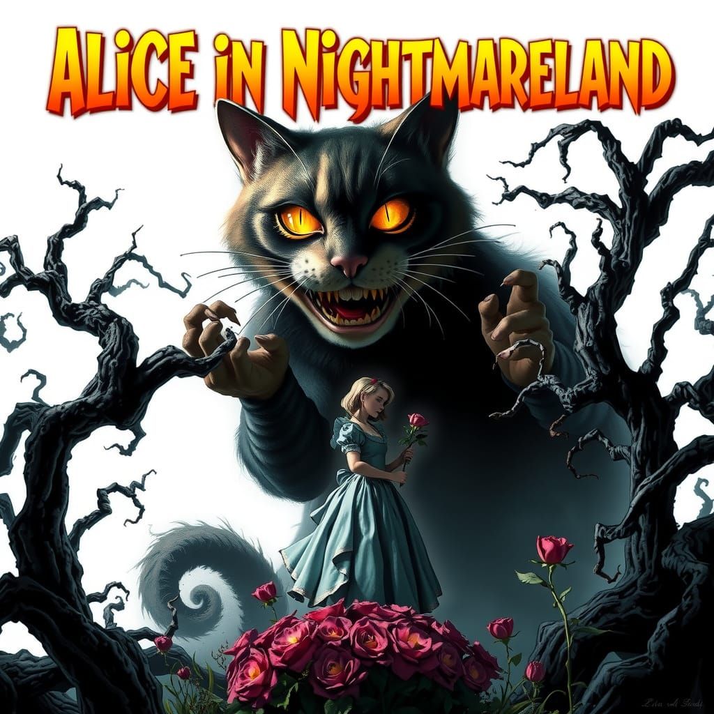Gothic Surrealist Alice and Cheshire Cat Encounter