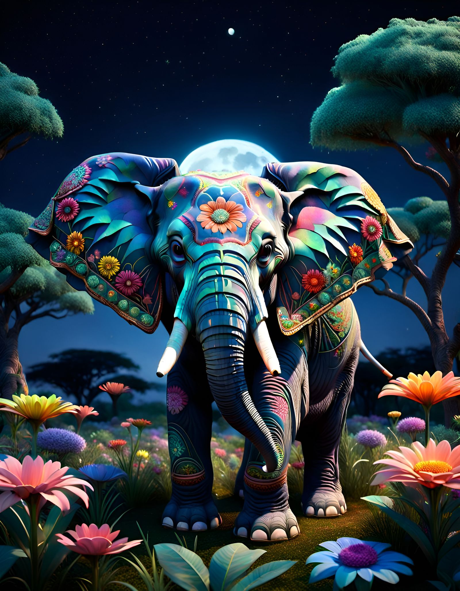 Elephant under the moon