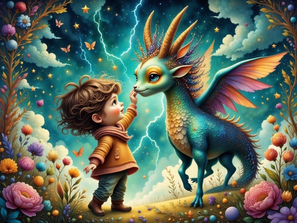 Boy and Winged Creature in Whimsical Landscape