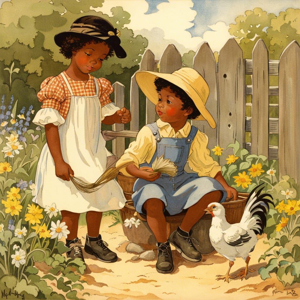 Toddler Siblings on Farm, Vintage Storybook Illustration