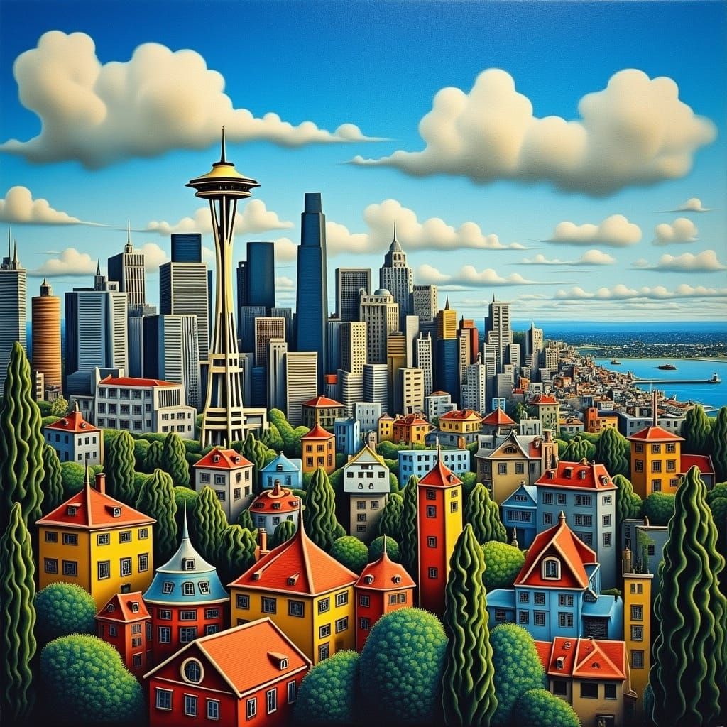 Dreamlike Seattle Cityscape in Folk-Art Style