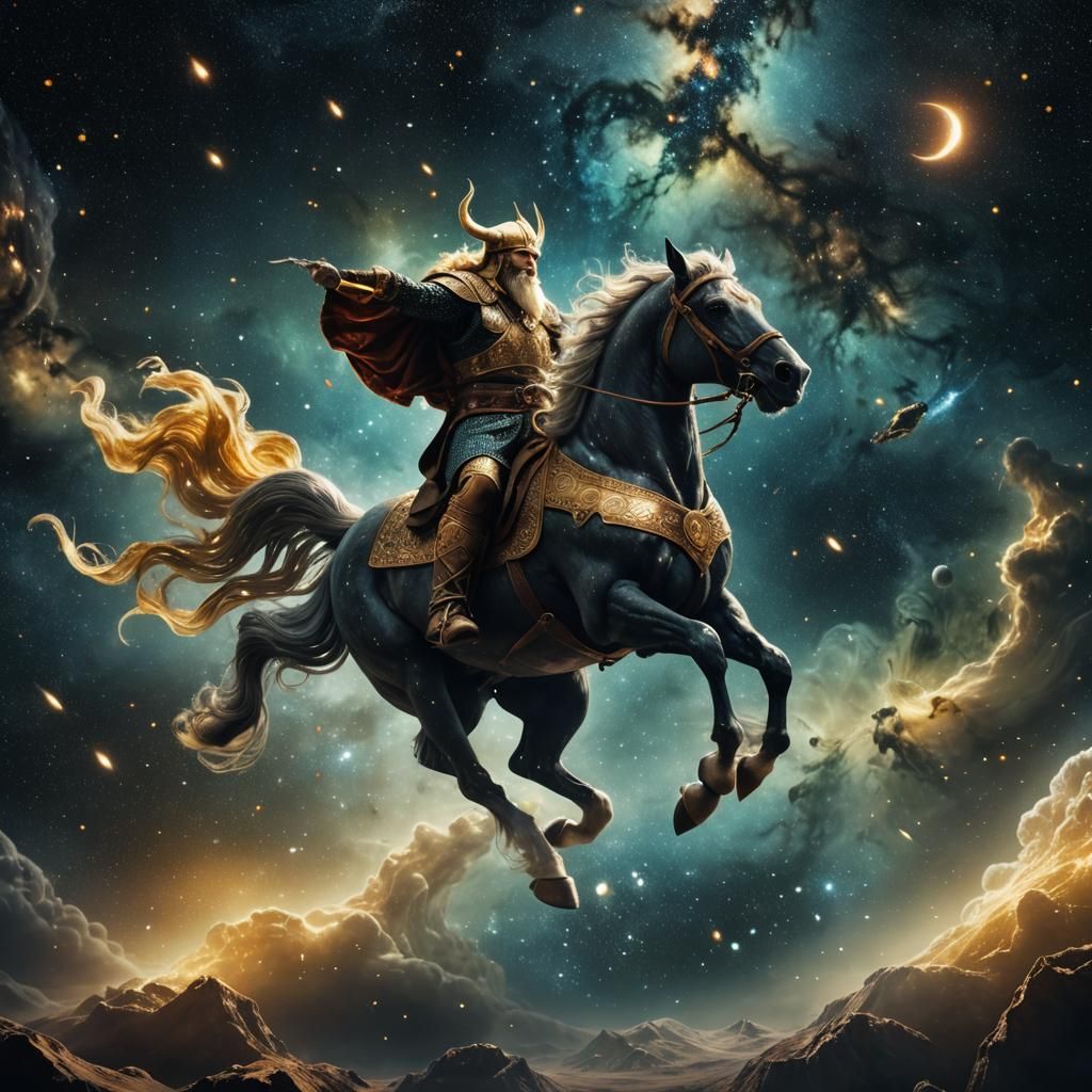 Viking God on Golden Horse in Deep Space