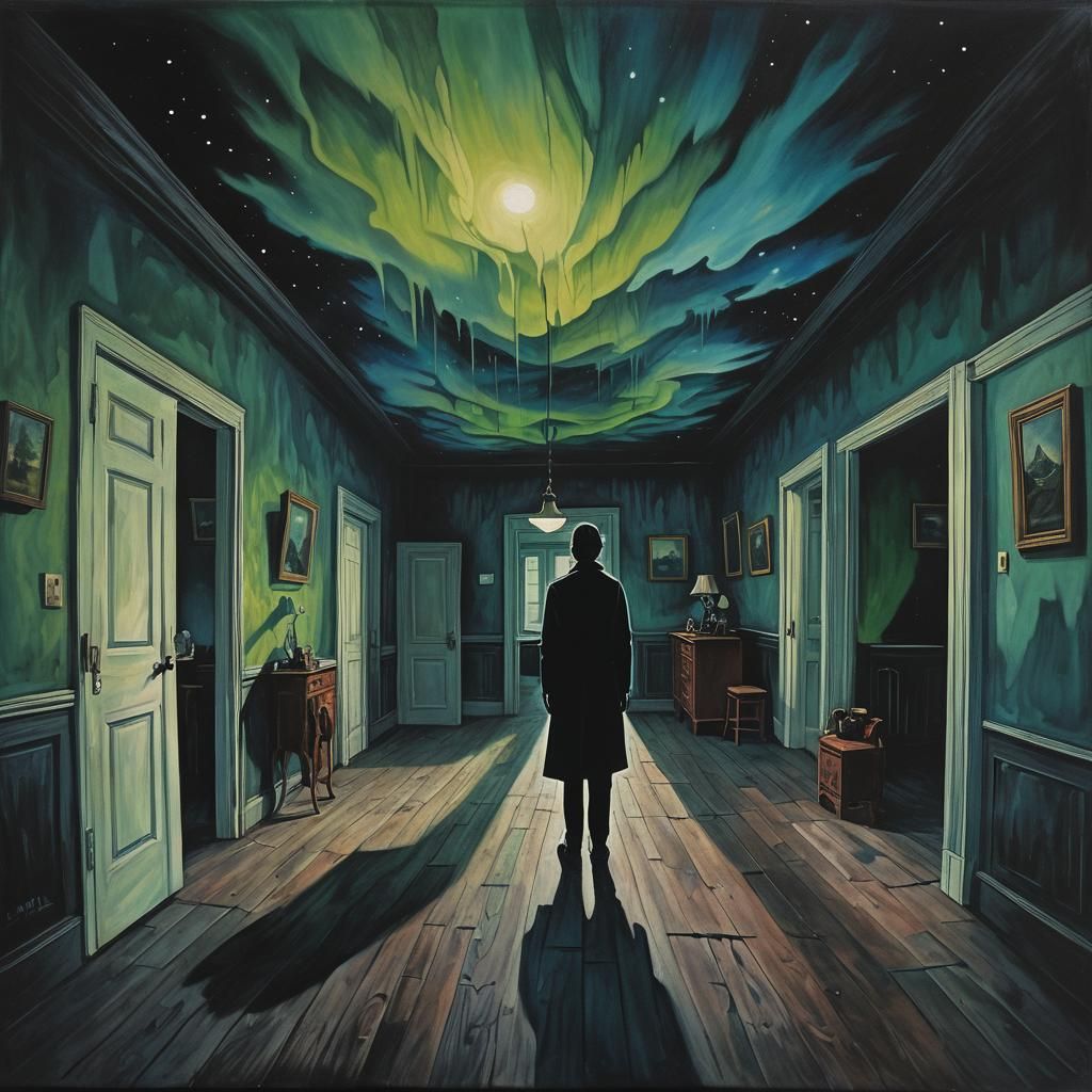 Surreal Dark Room with Aurora in Gouache