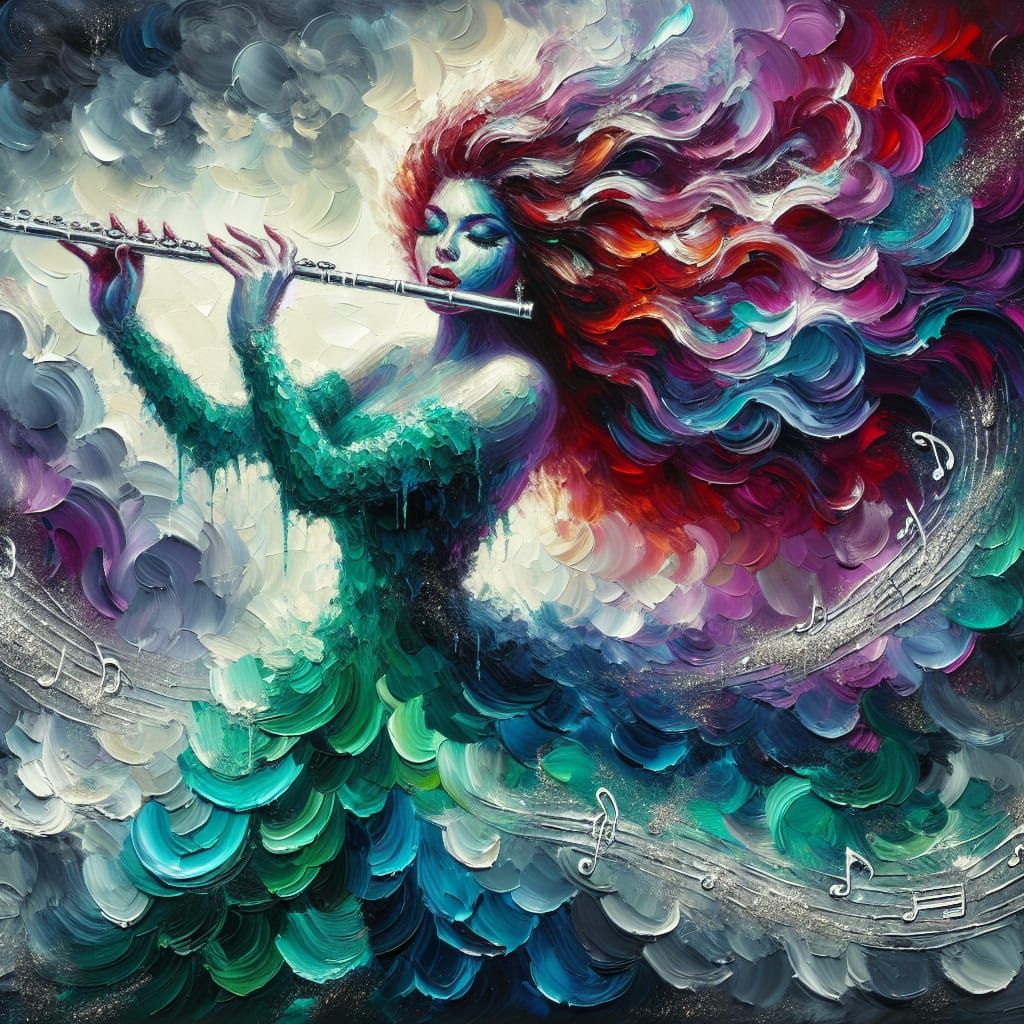 Hispanic Woman Playing Flute as Impasto Oil Painting