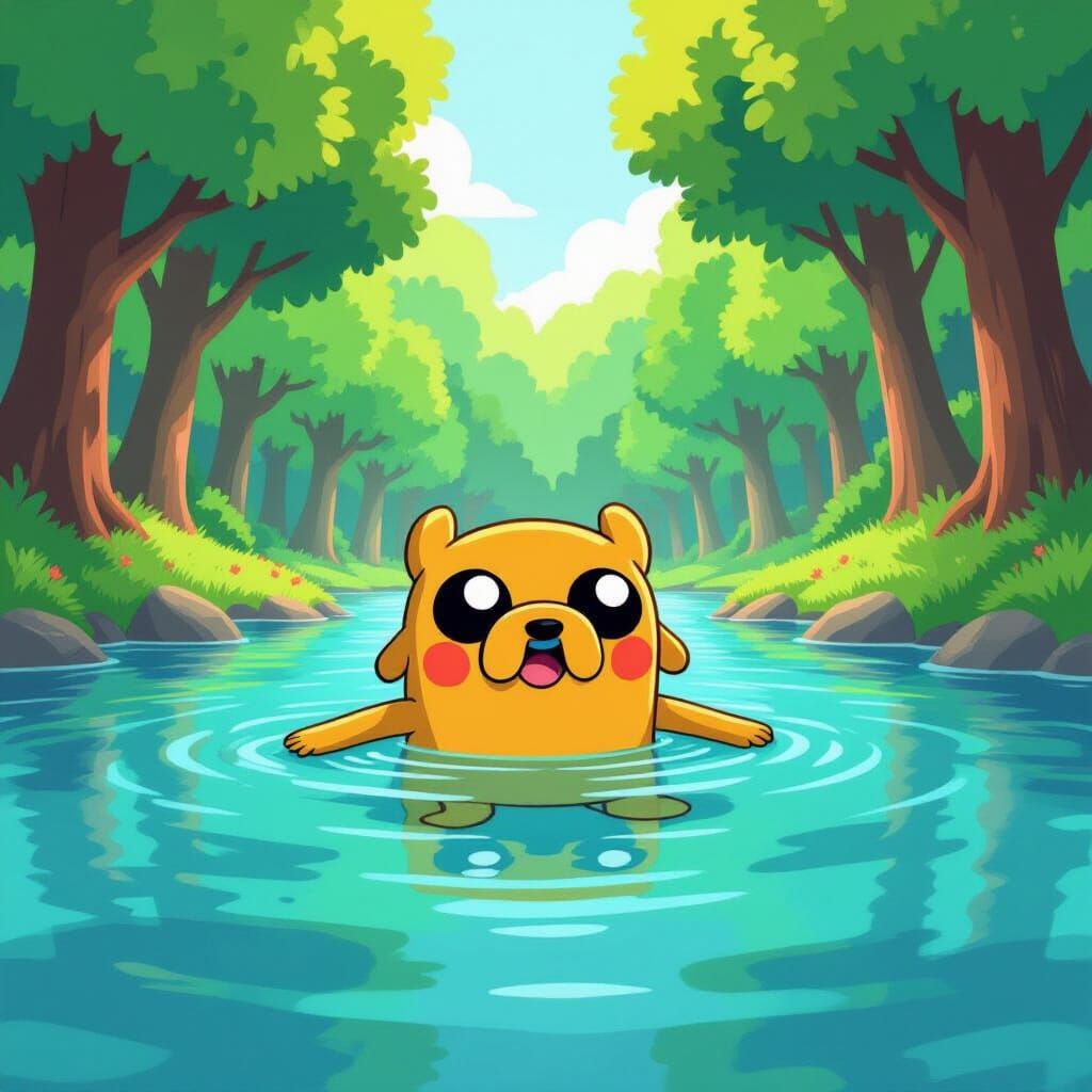 Finn the Human Swims in a Sunlit Lake