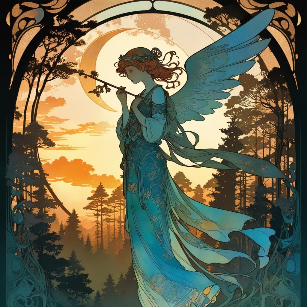 Silhouetted Angel on Crescent Moon in Art Nouveau Style