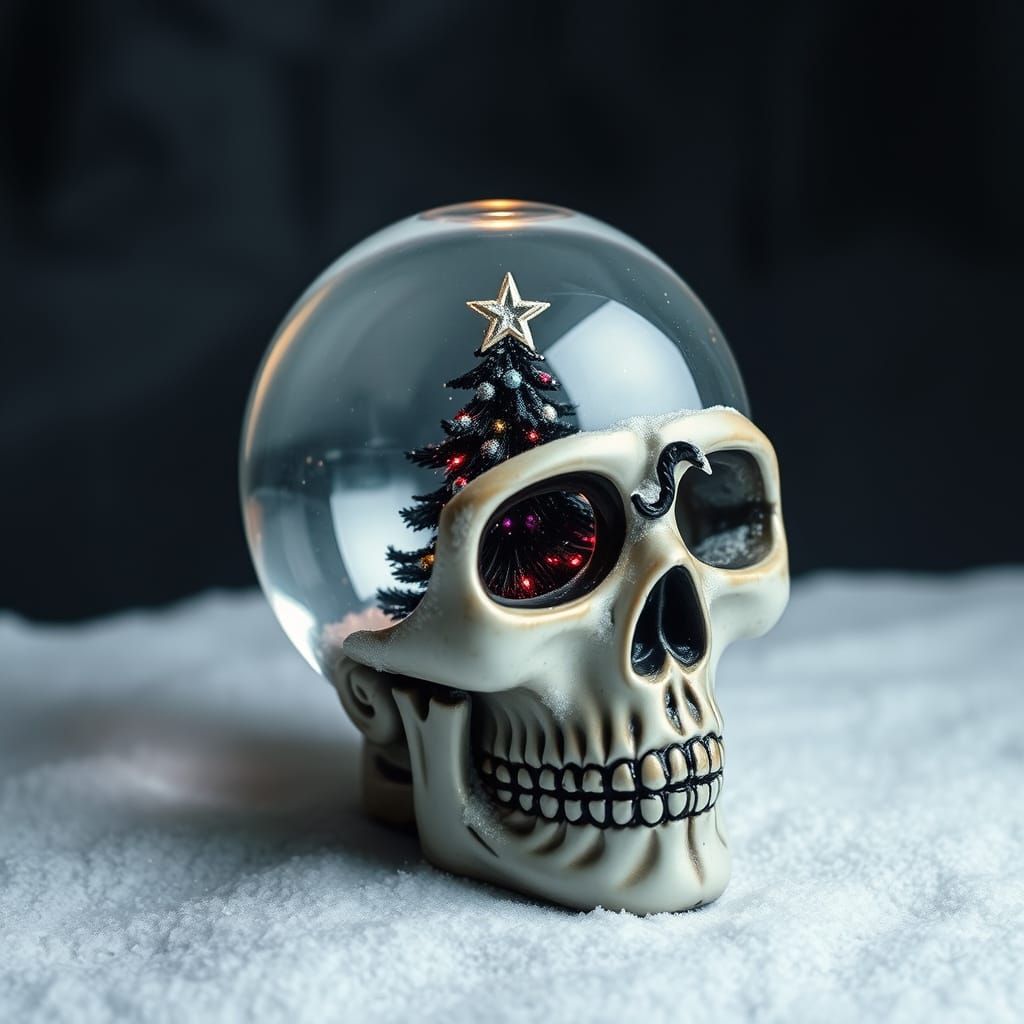 Halloween Skull Snow Globe with Black Christmas Tree