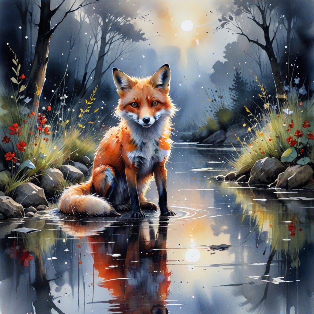 Enchanted Fox by Moonlit River in Watercolour Style
