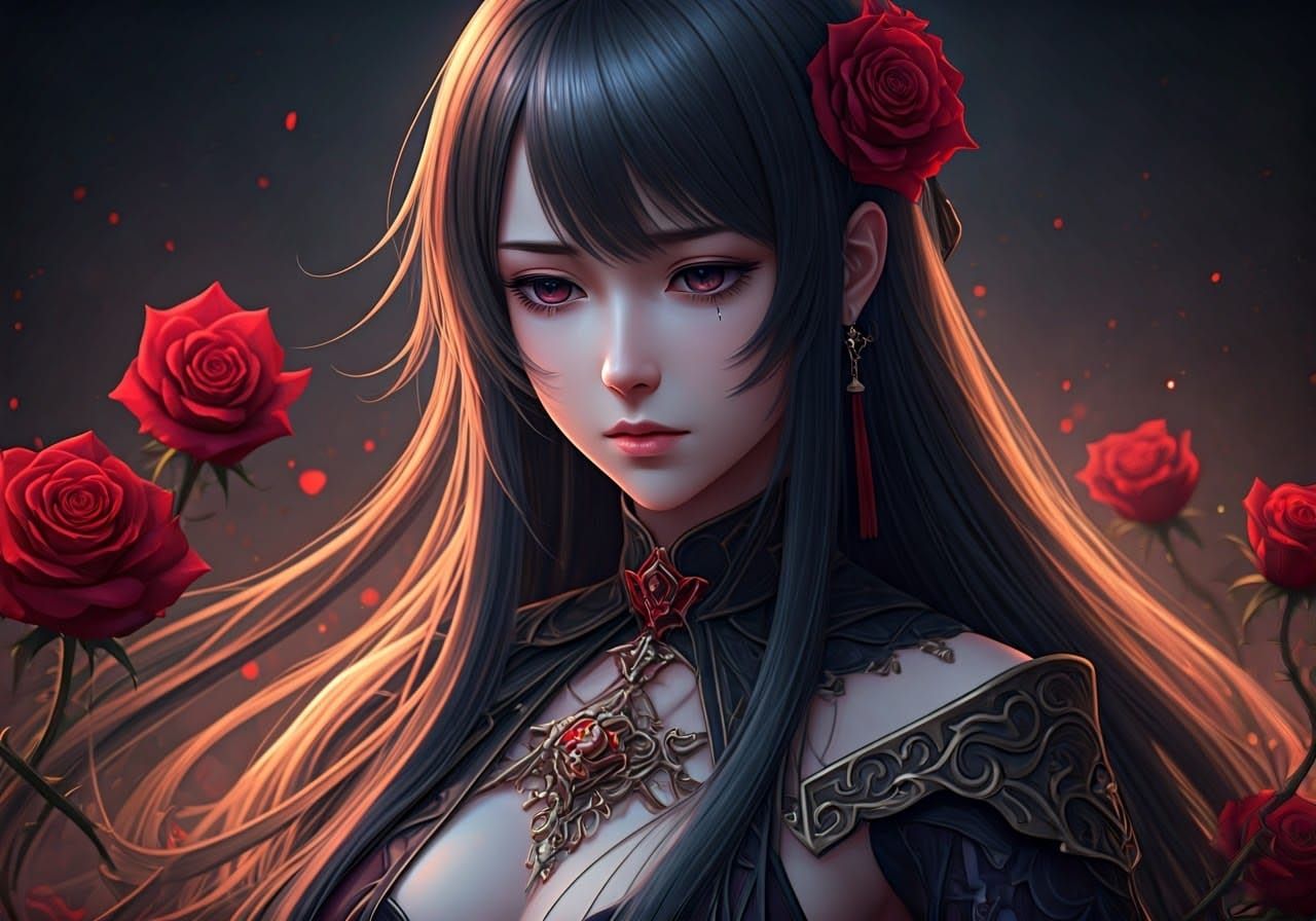 Melancholic Woman Lost in Crimson Rose Garden