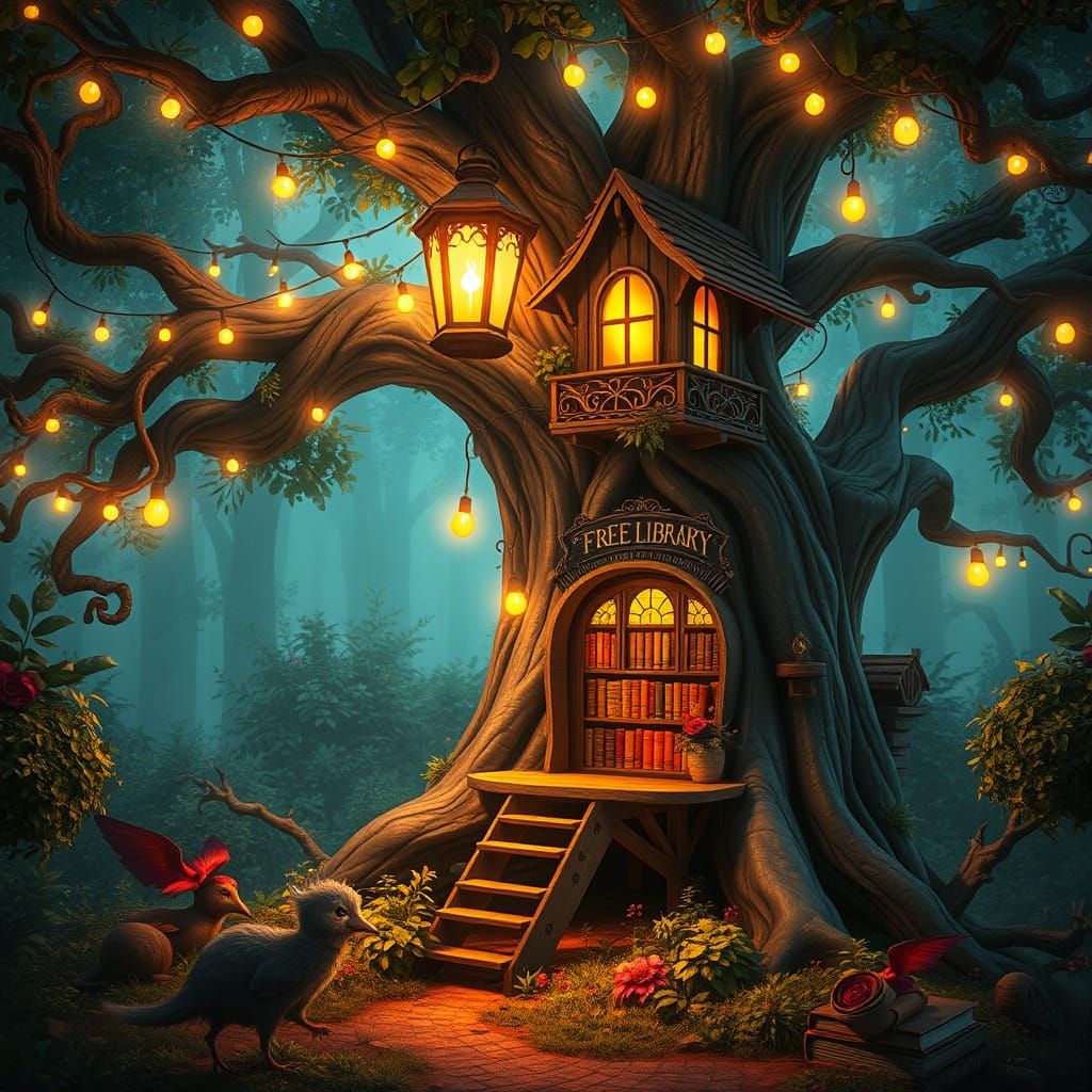 Whimsical Treehouse Library in a Fantastical World