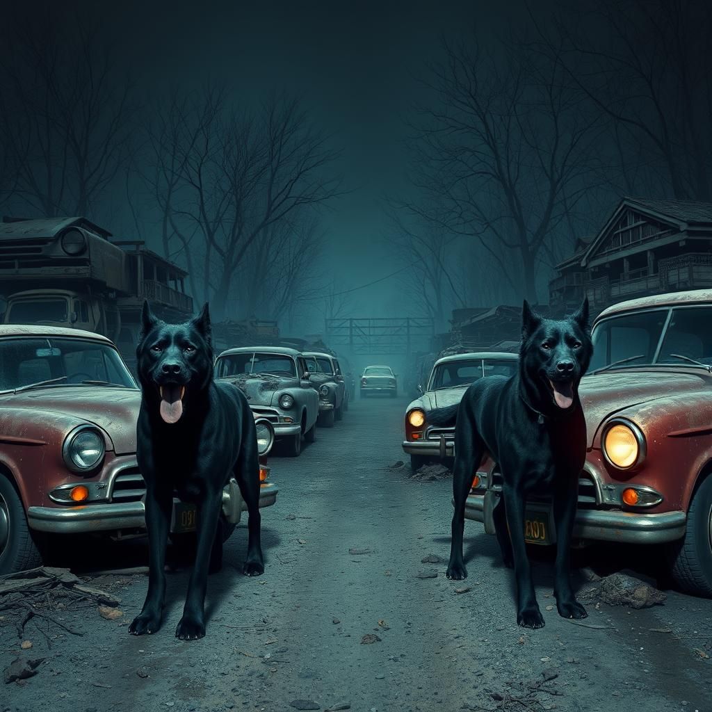 Eerie Scrapyard Guarded by Black Dogs: Night Photography