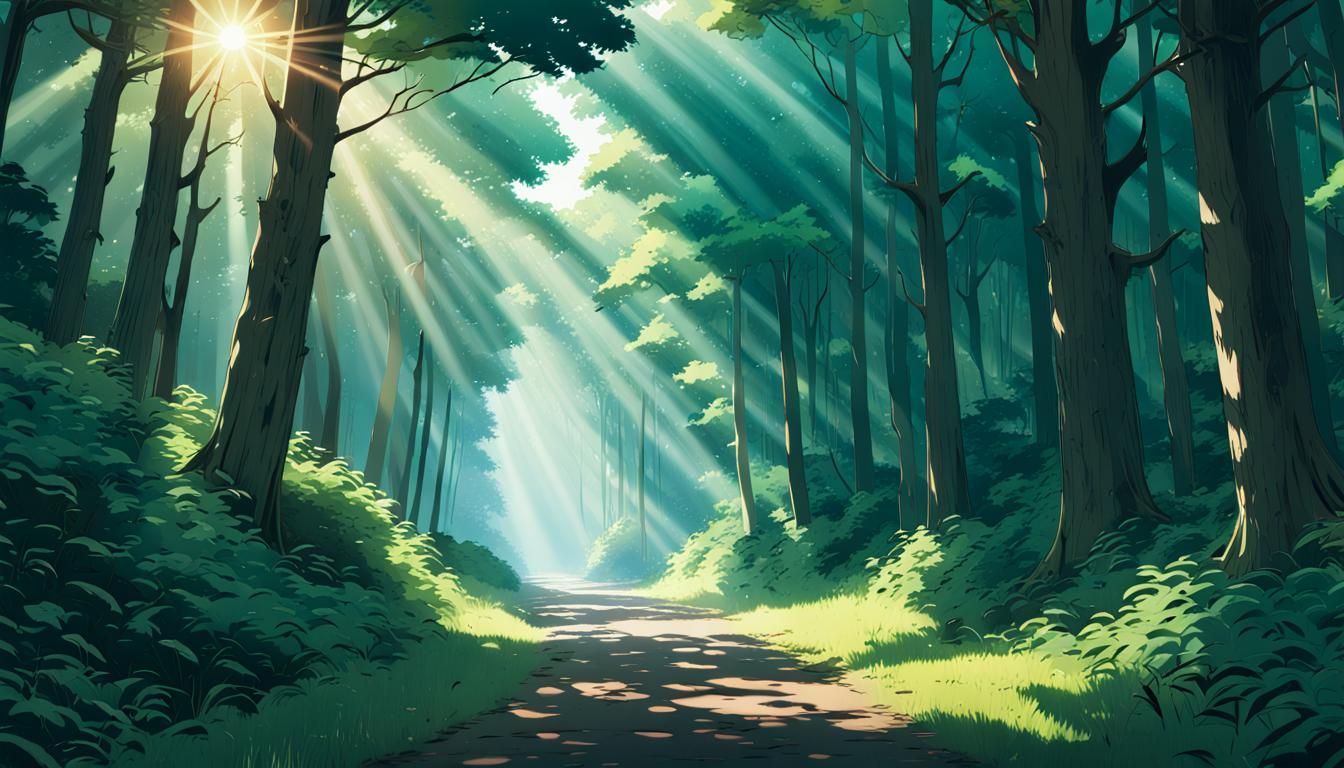 Sunlight Through Trees: Ghibli Anime Forest