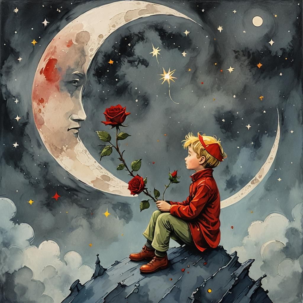 Little Prince and Rose on the Moon