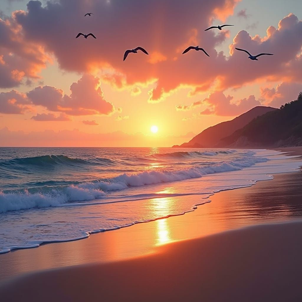 Sunset Seaside Landscape in Impressionist Style