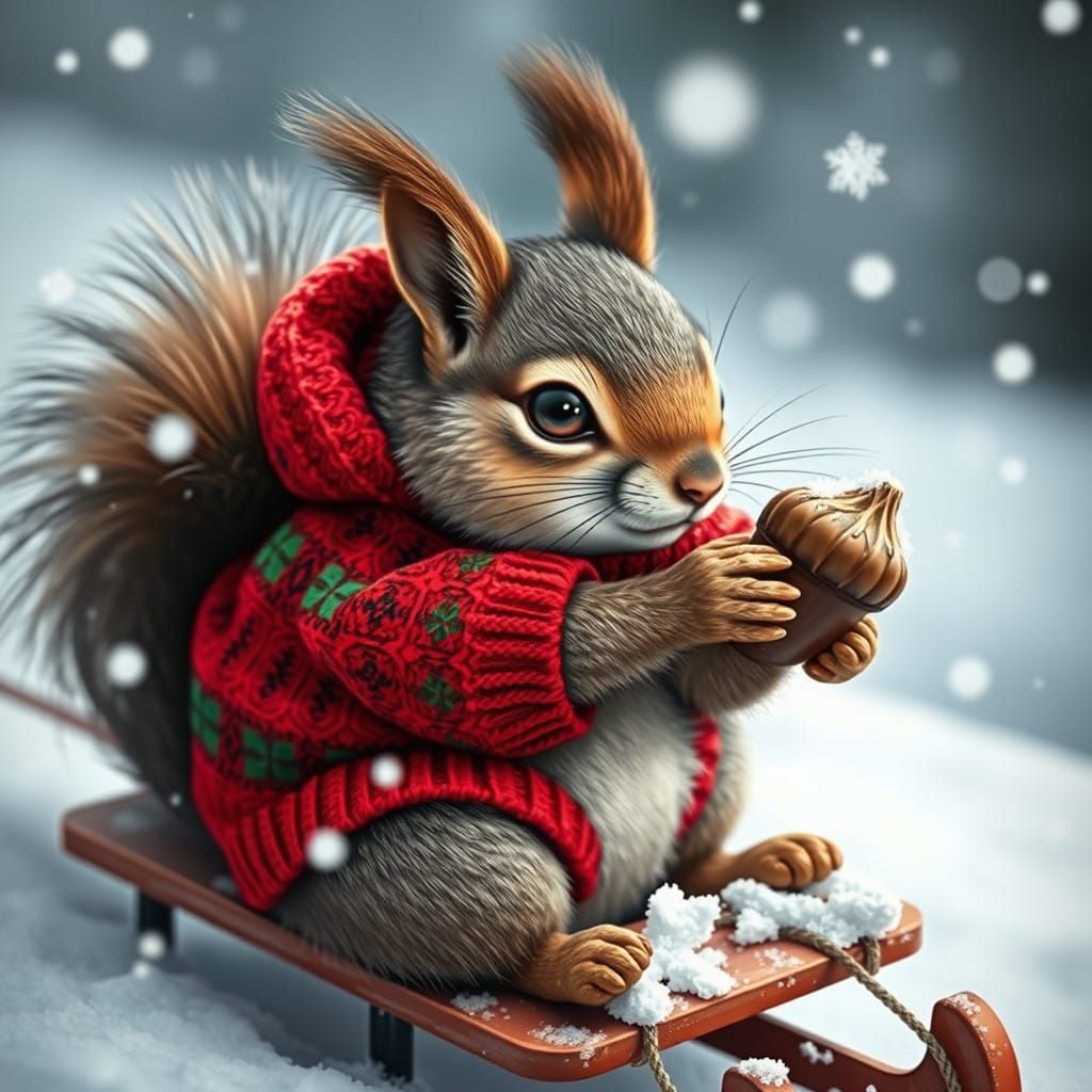 Cute Squirrel Rides the Sled in Winter Wonderland