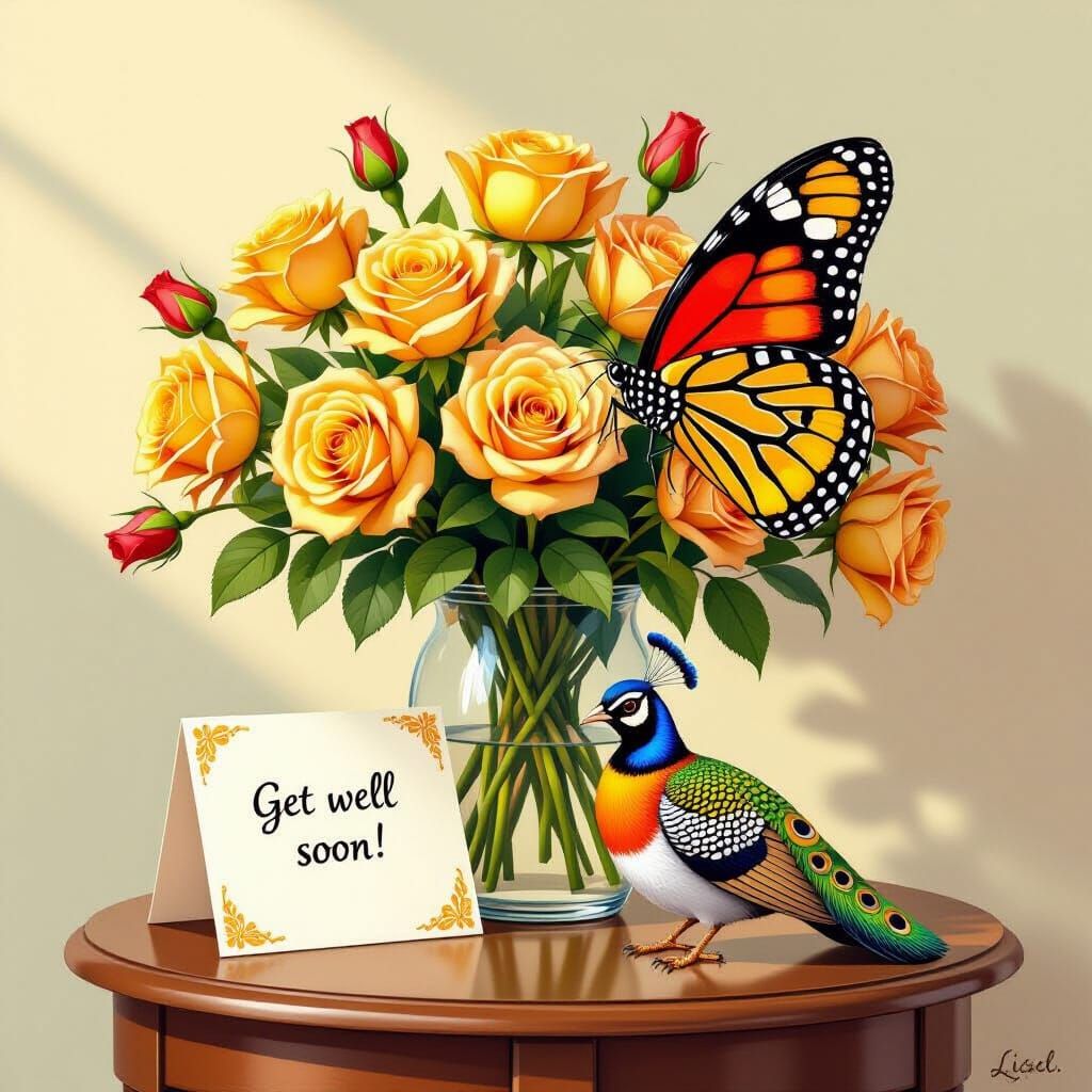 Realistic Peacock Butterfly on Roses with Get Well Soon Card