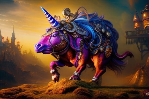Steampunk Unicorn Dances on Hamburger, Detailed Digital Art