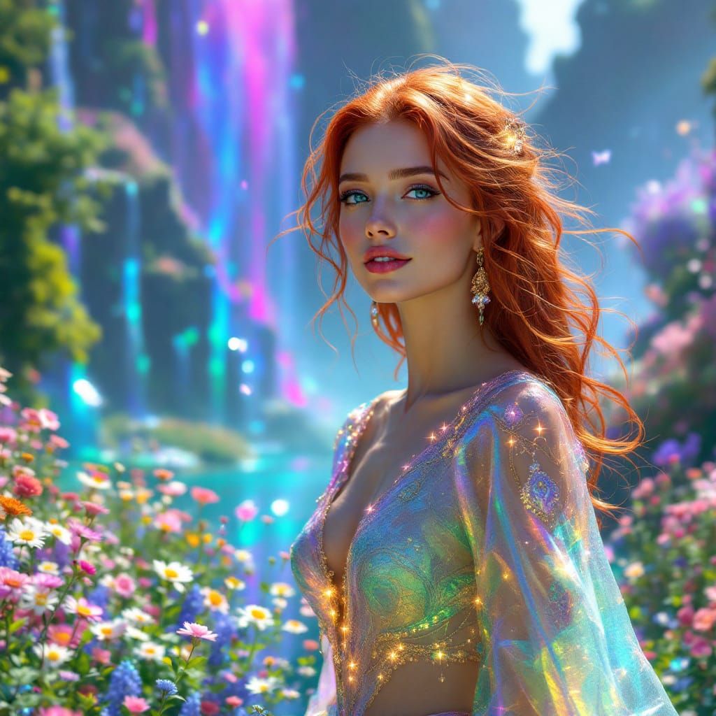 Radiant Woman in Rainbow Landscape: Digital Art