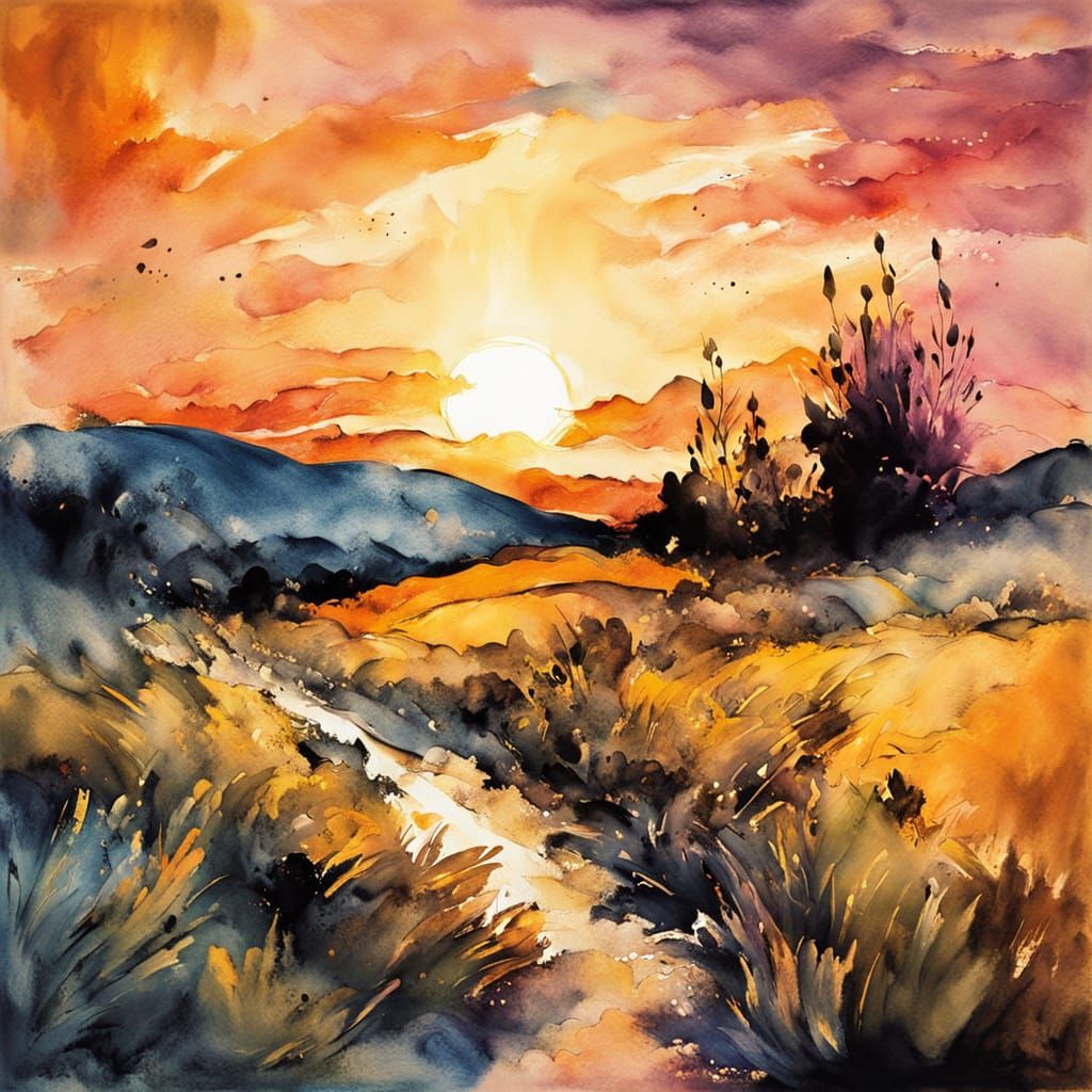 Expressionist Sunset with Vibrant Ink Strokes