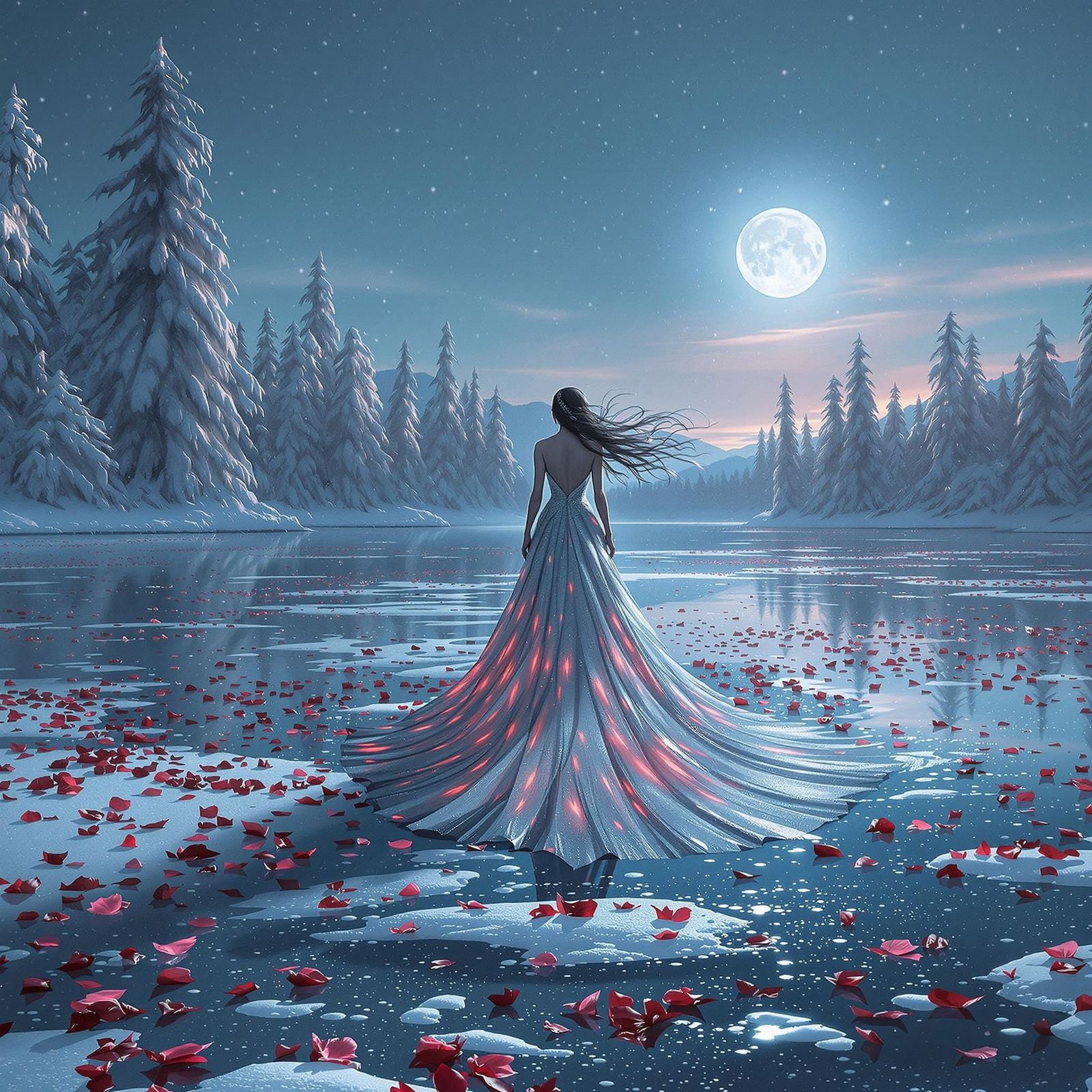 Ethereal Woman on Frozen Lake, Cinematic Lighting