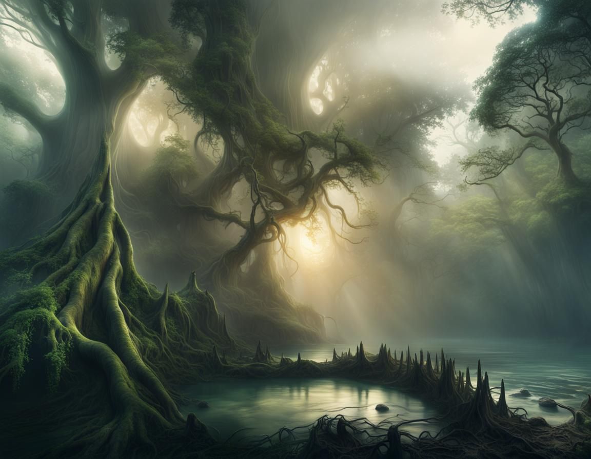 Epic Ancient Tree at Misty Lake: Digital Matte Painting
