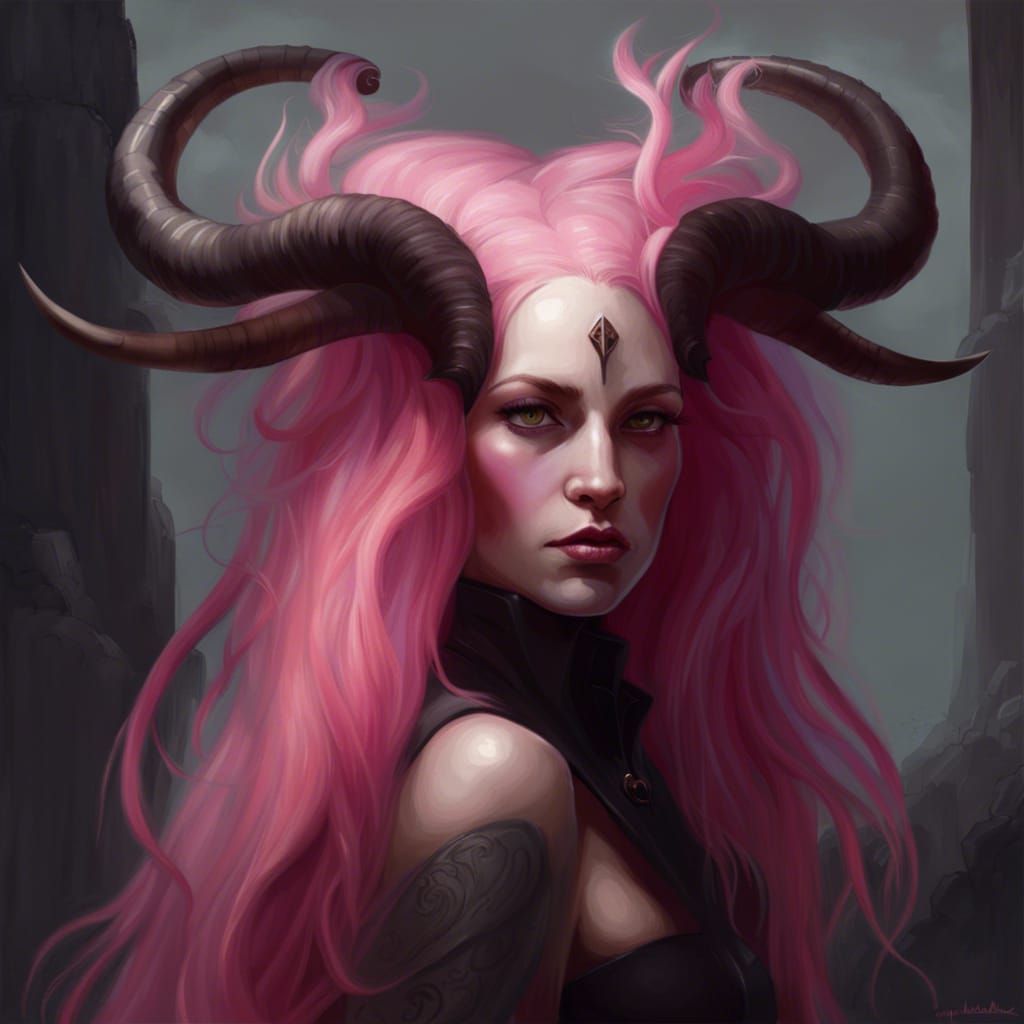 Sinister Pink-Haired Goddess with Horns