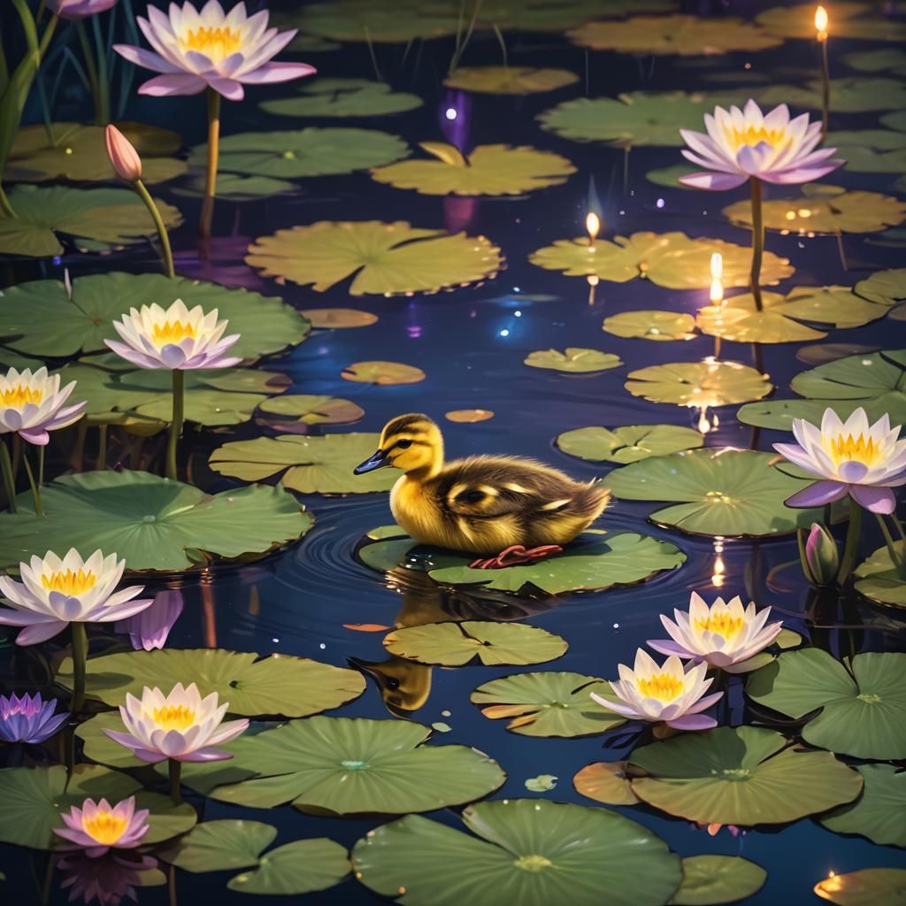 Duckling on Lilypad at Night in Art Nouveau Style