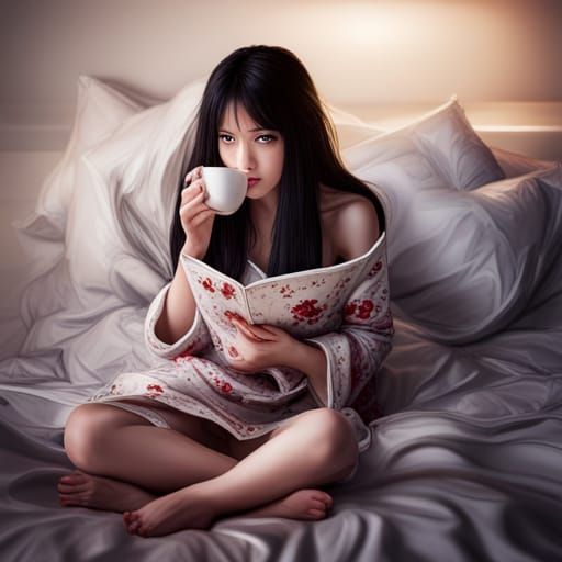 Catgirl Reading in Bed: Hyperrealistic Digital Art