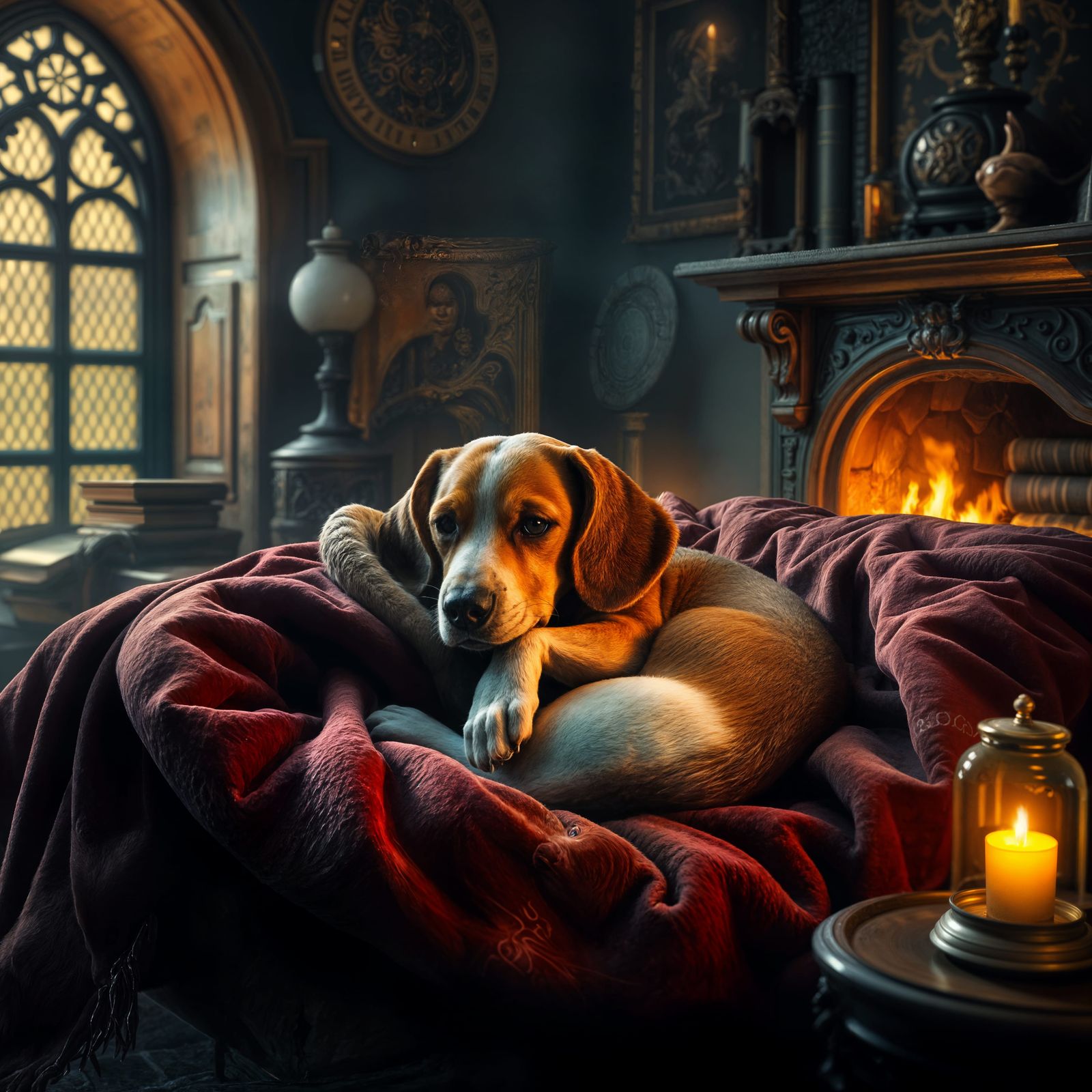 Cozy Canine Sanctuary by Warm Fireplace