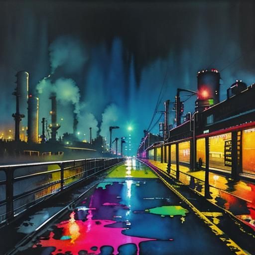 Industrial City at Night in Watercolor Style