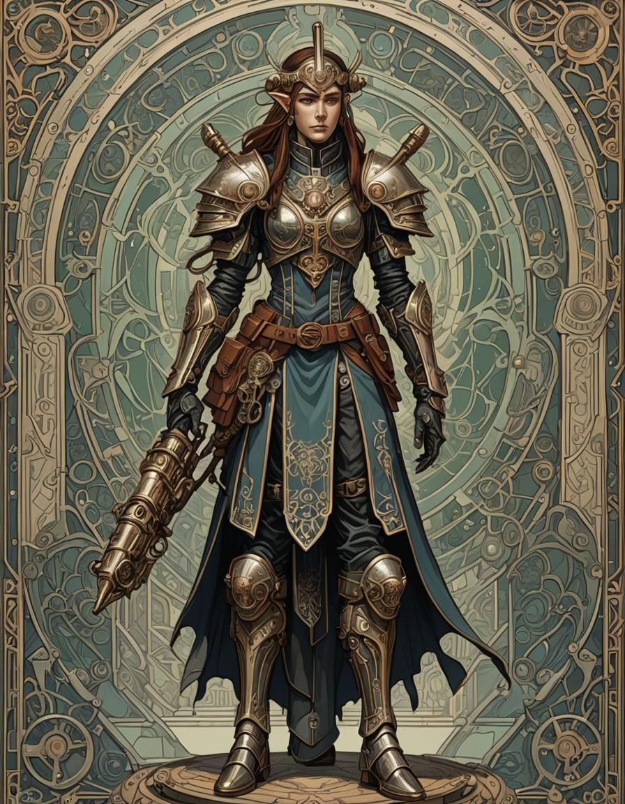 Armored Elf Tech-Priestess in Art Nouveau Style