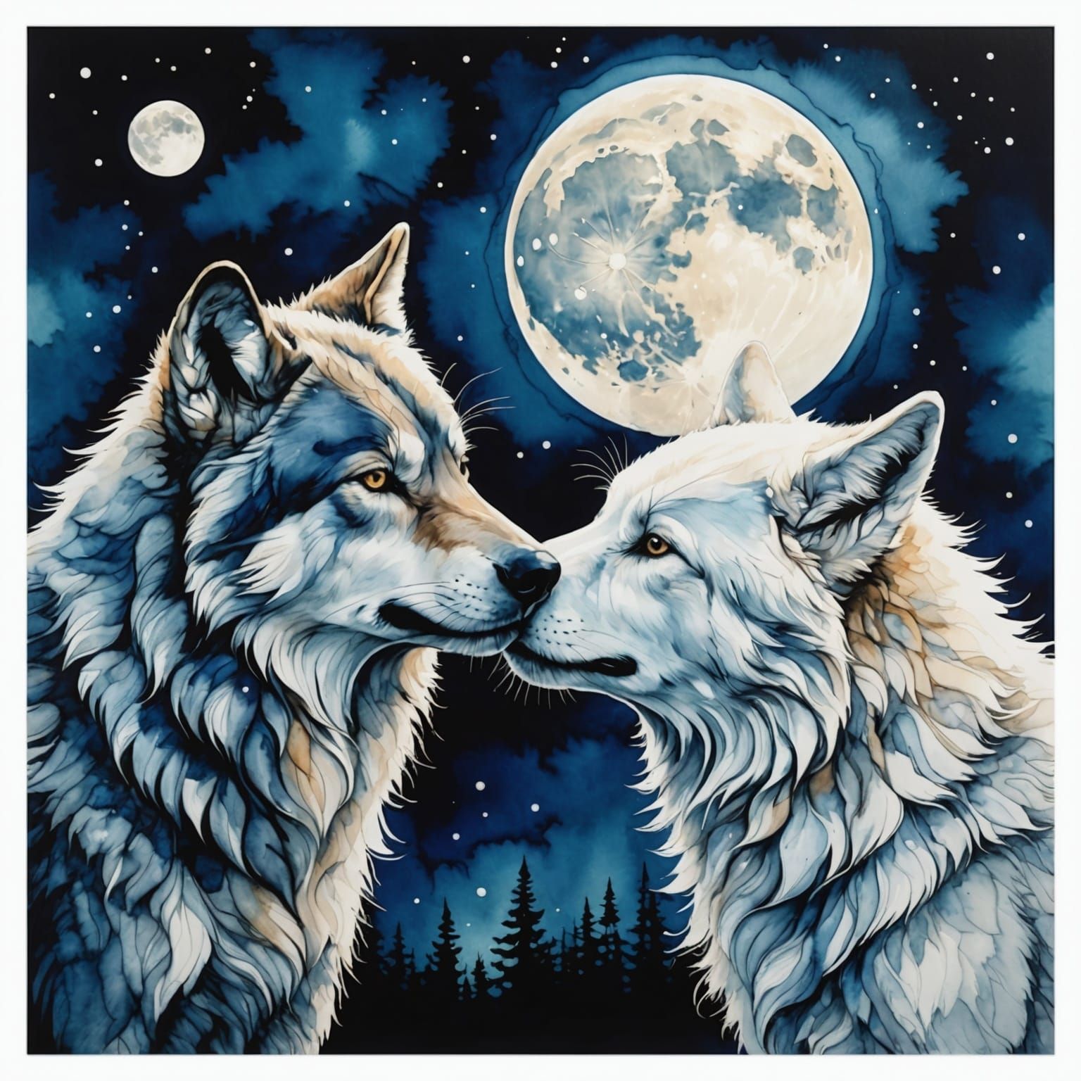 Wolves Kissing Under Full Moon in Alcohol Ink Style