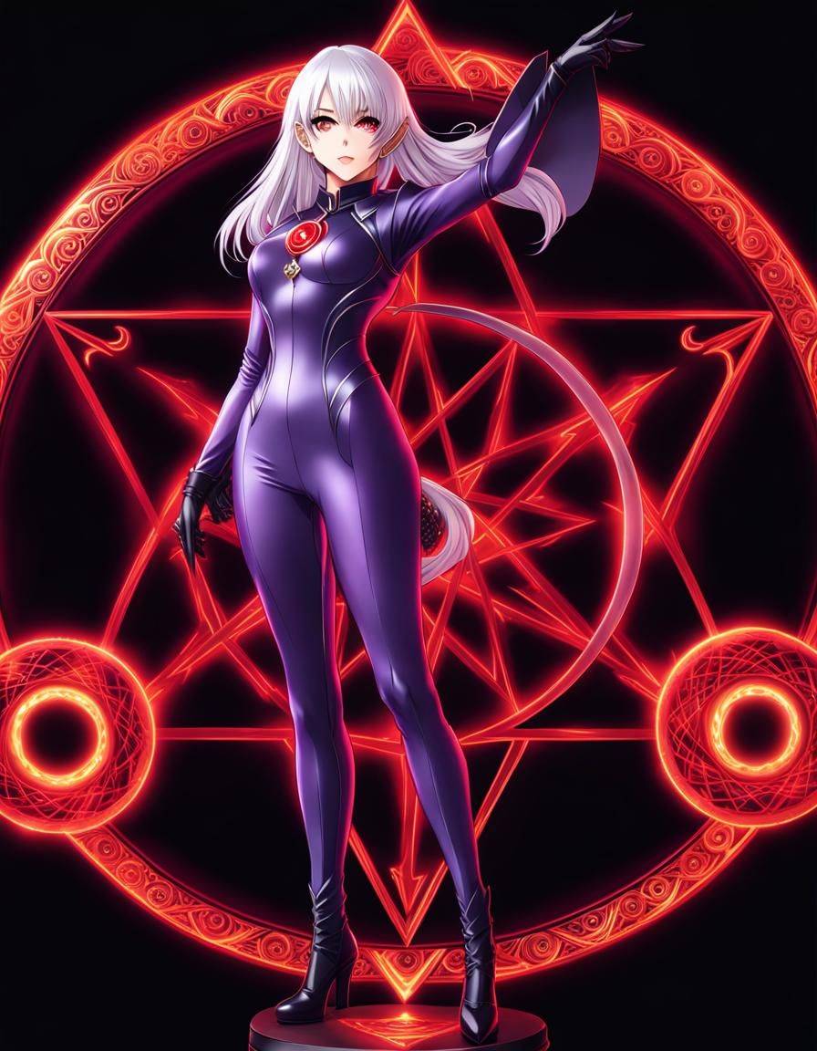 Anime Woman with Red Eyes in Purple Suit
