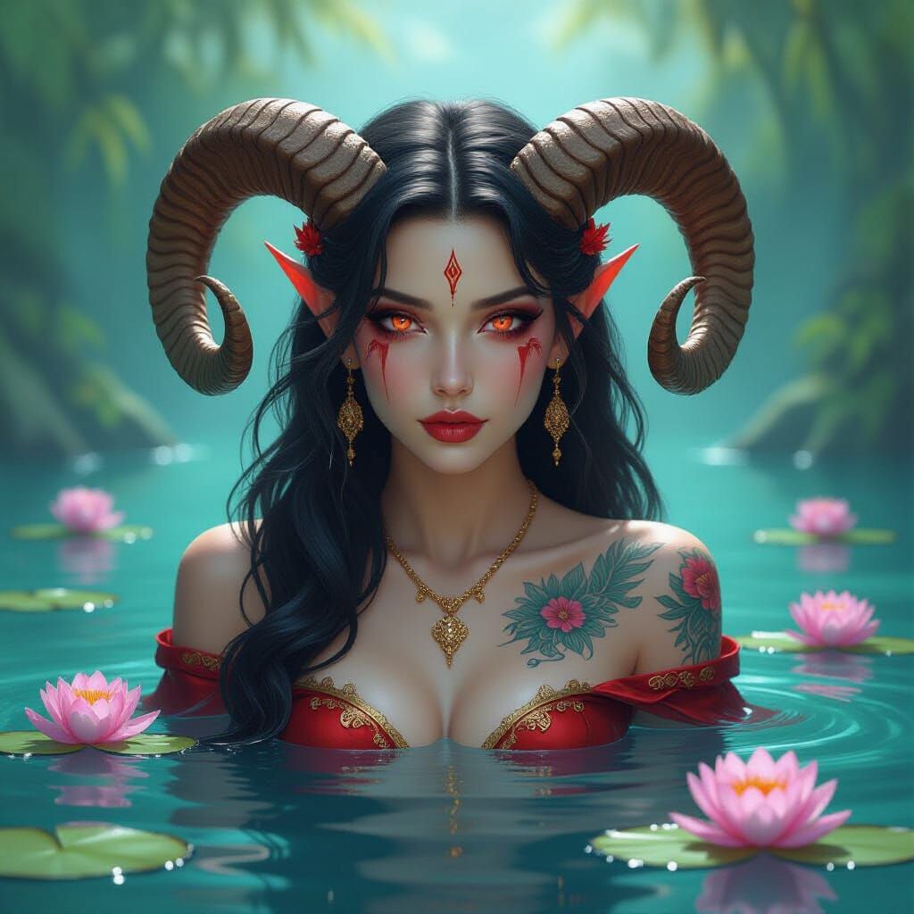 Mystical Demonic Woman Emerging from Turquoise Water