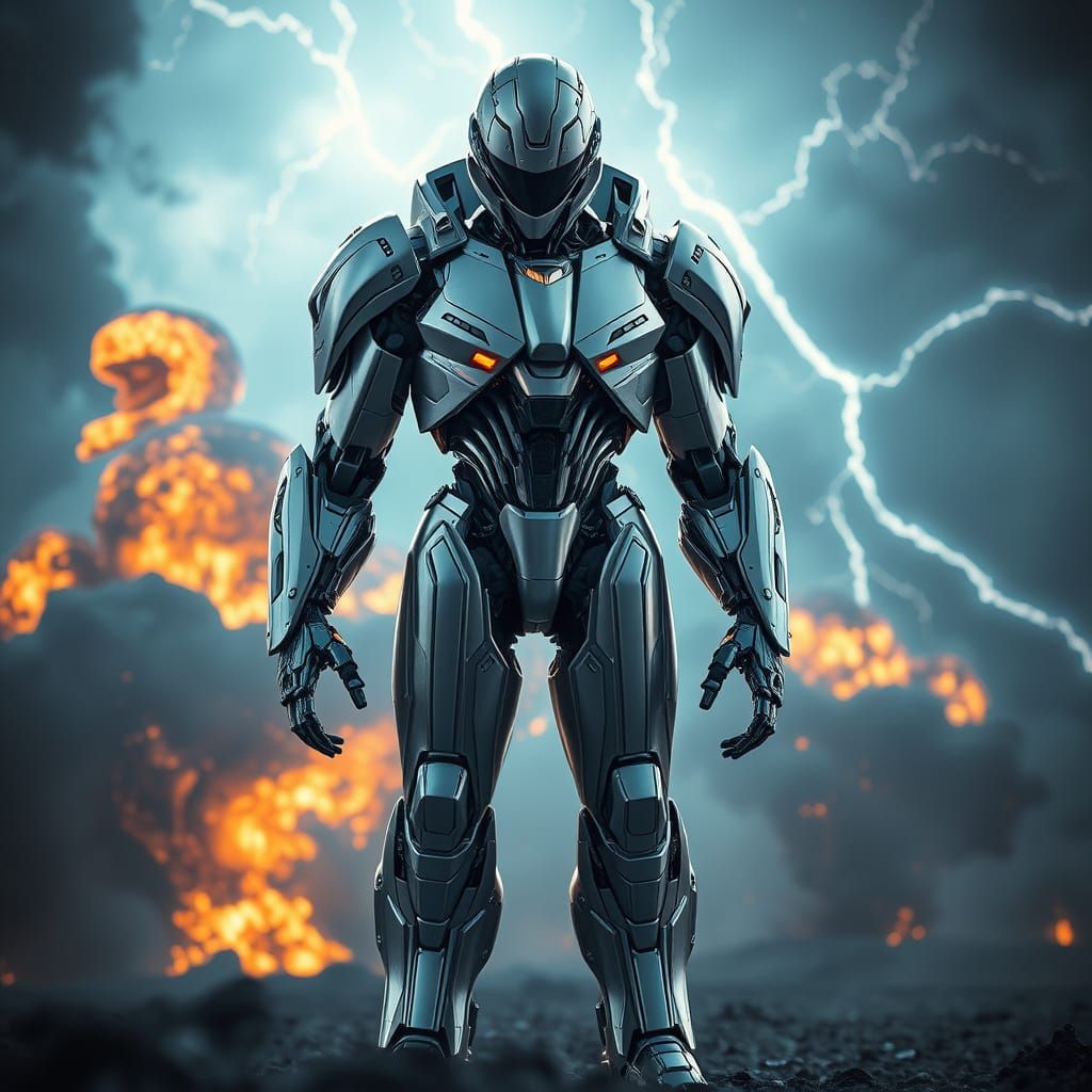 Futuristic Robot Super Villain Amidst Explosions
