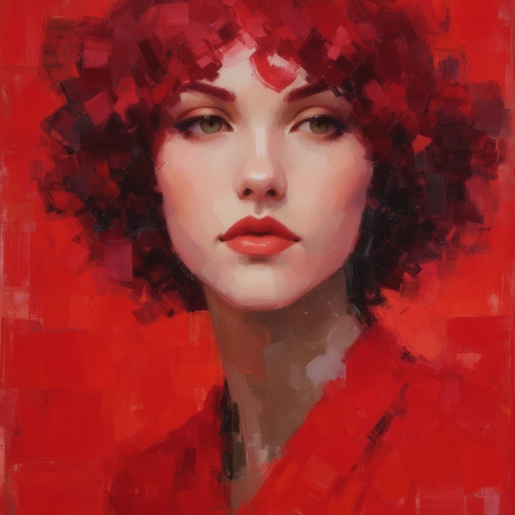 Vibrant Cherry Red Portrait in Messy Oil Style