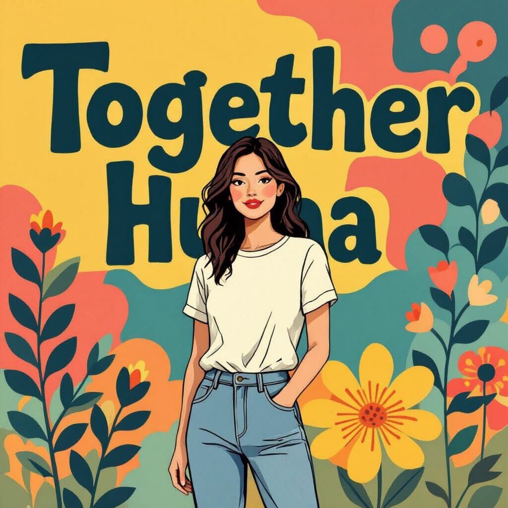 Woman with "Together Human" Text, Illustrated Style