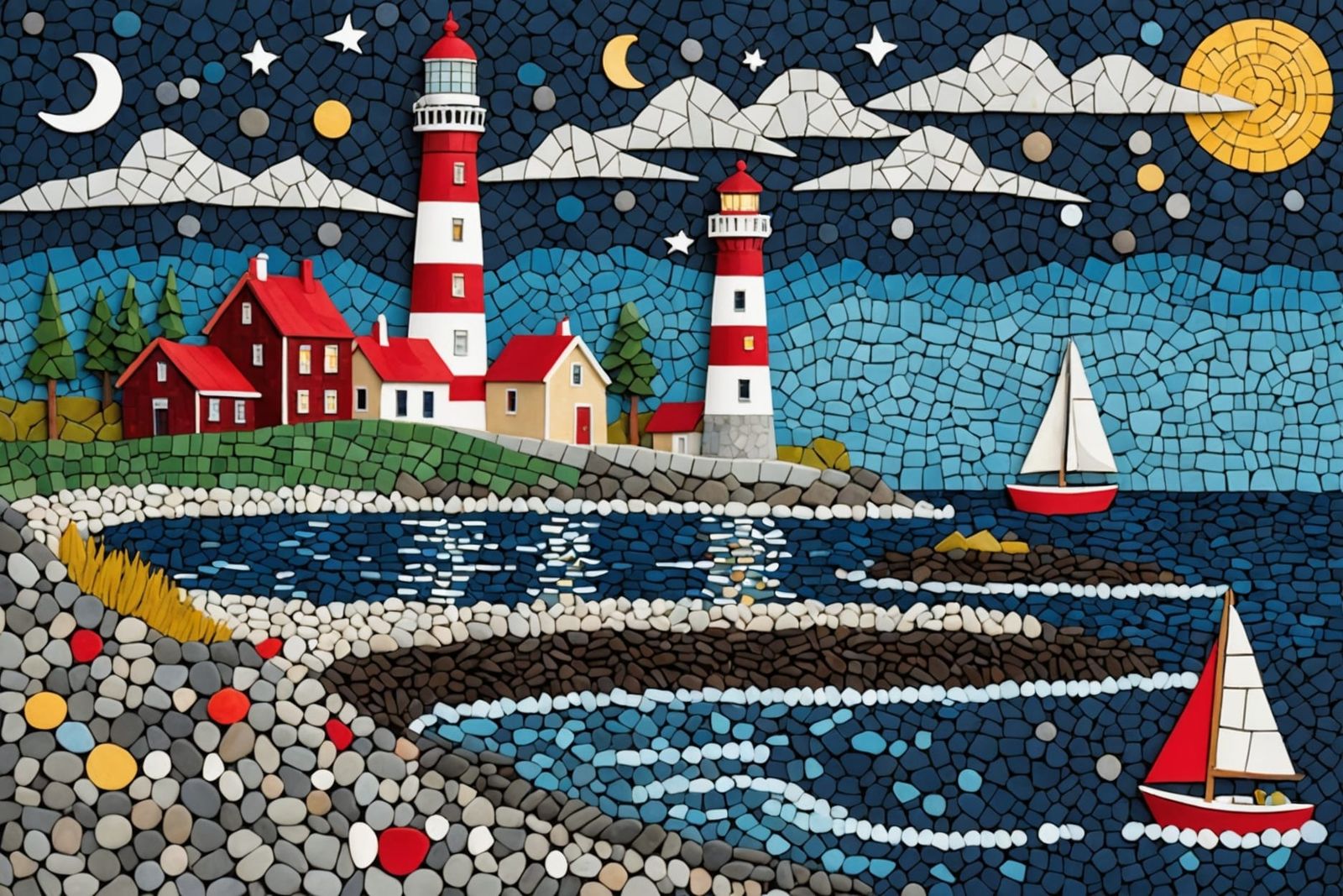 Mosaic Lighthouse Landscape in Dreamlike Style