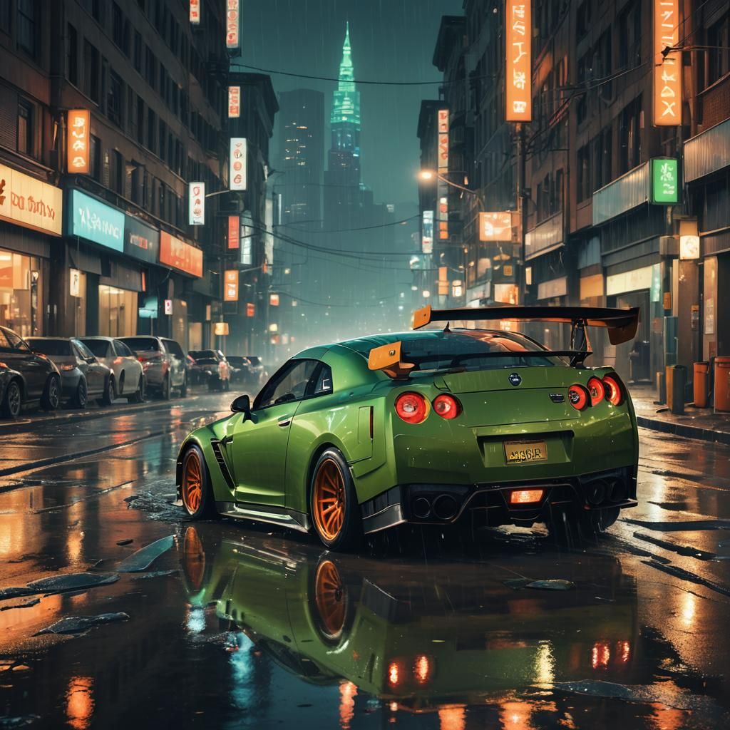 Khaki Green GTR R35 Drifting in a Neon City