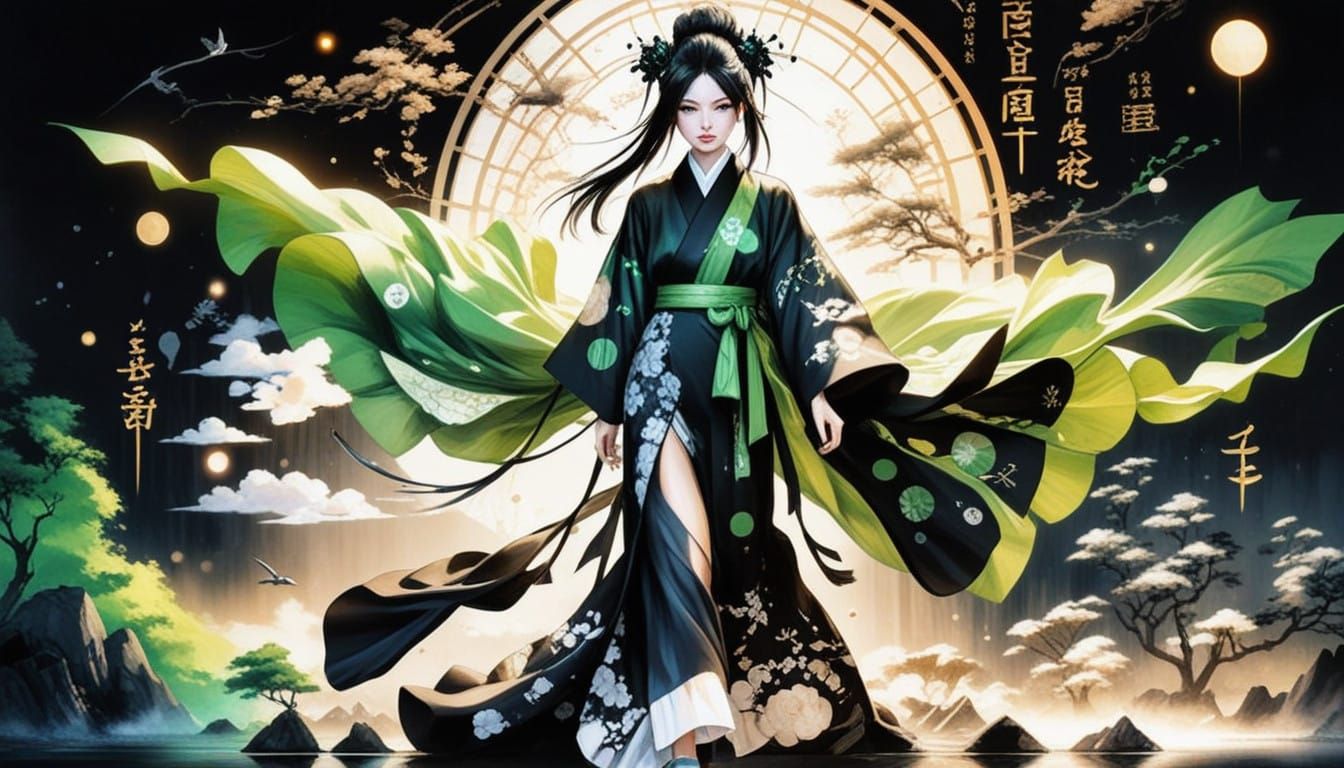 Cyberpunk Solarpunk Geisha in Elegant Black and Green Kimono