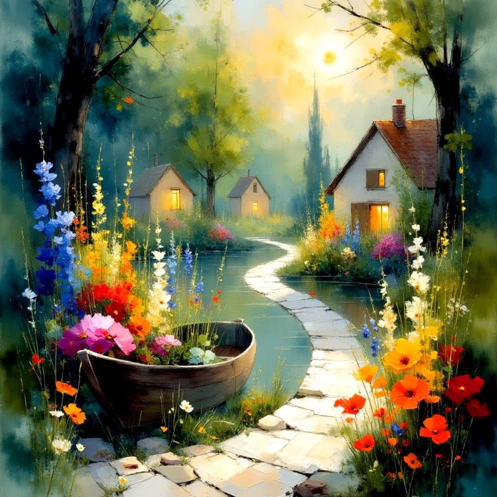 Dreamy Landscape with Lake and Cottages in Soft, Watercolor ...