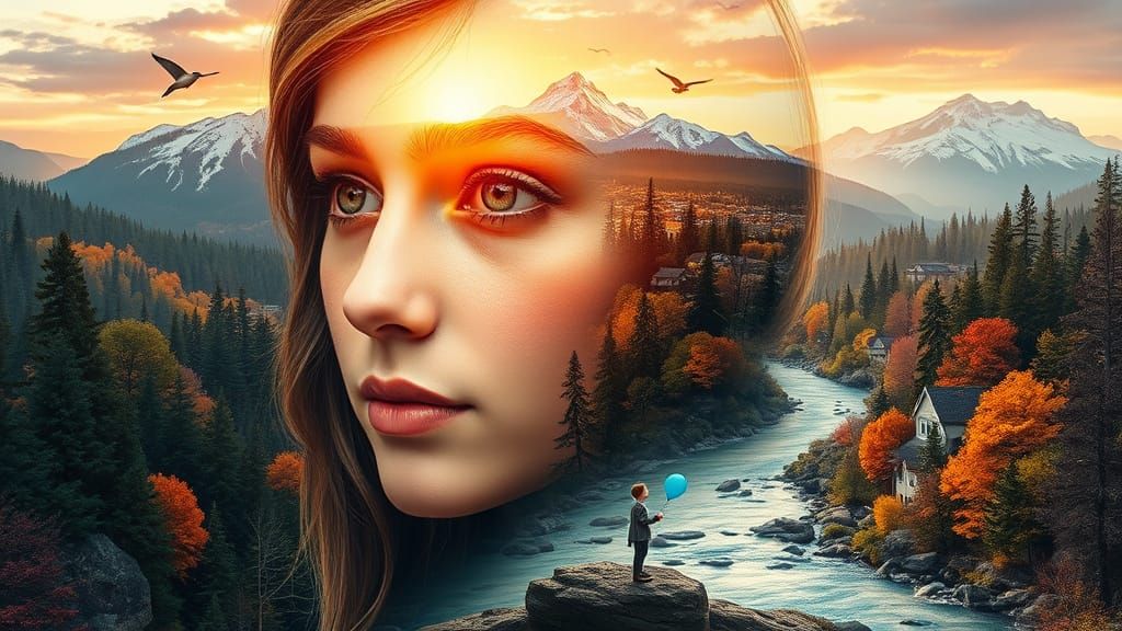 Double Exposure Portrait: Girl Merging with Nature and City