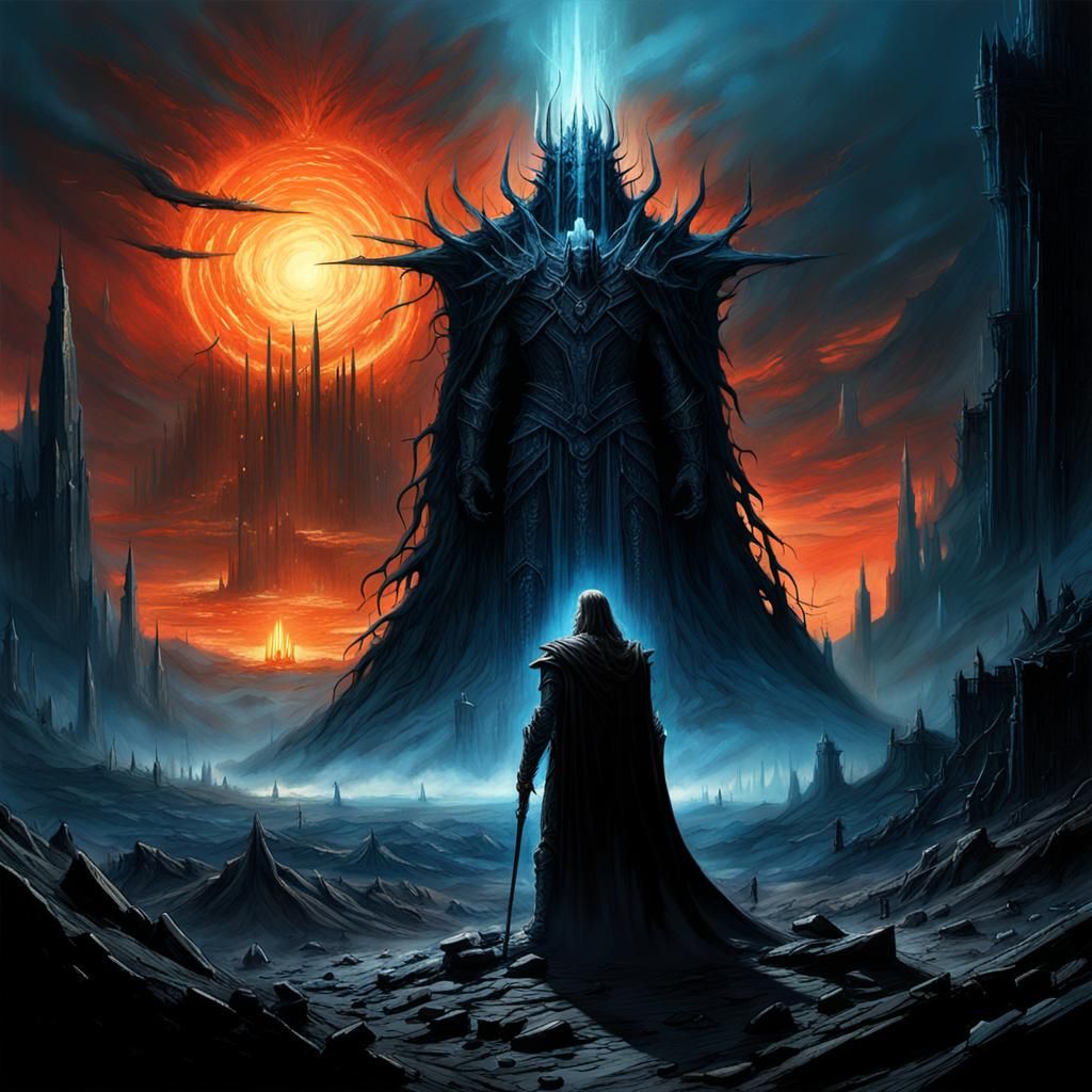 Morgoth with Silmaril in Ruined Landscape