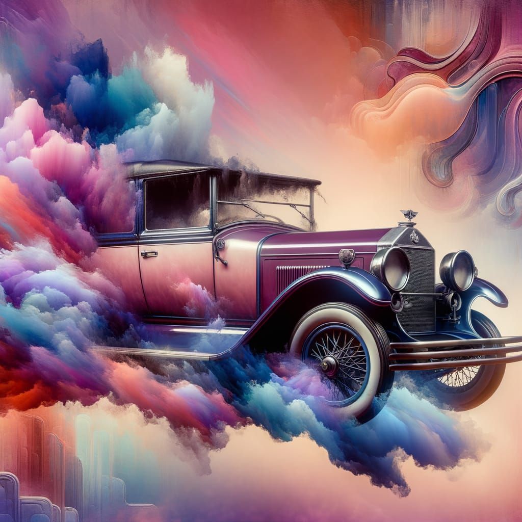 Vintage Car Levitation: A Watercolor Dreamscape