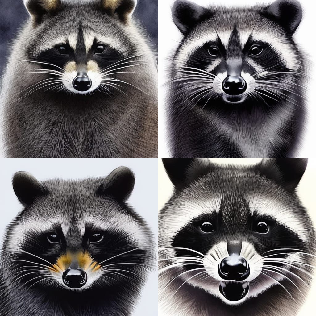 A hand drawn watercolor portrait of raccoon, insanely detail...