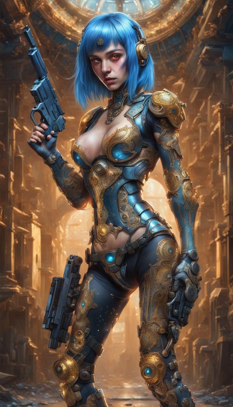 Beautiful Blue-Haired Cyborg with Pistol in Cyberpunk Style