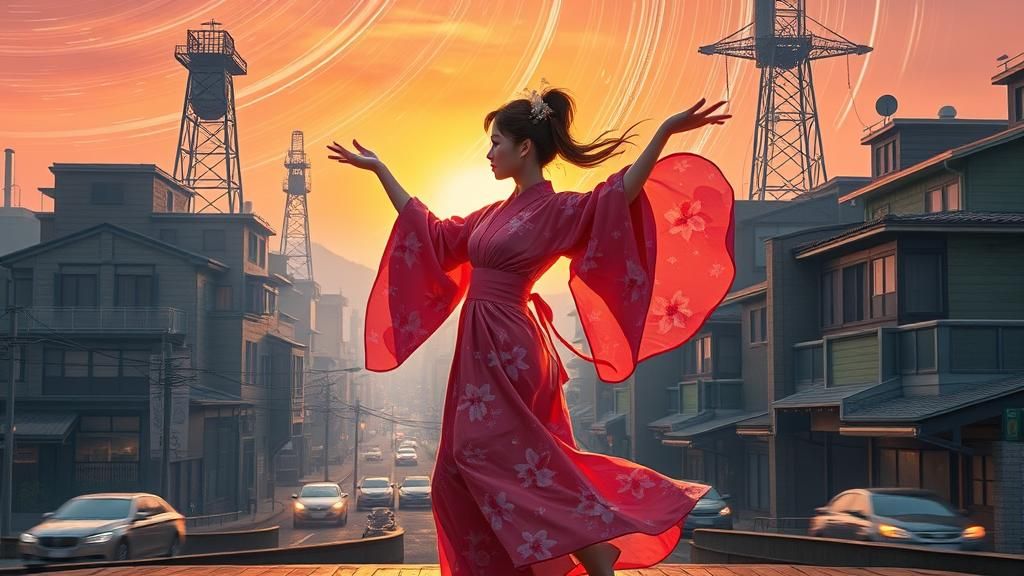 Woman Dances Under Star Trails in Ghibli Cityscape
