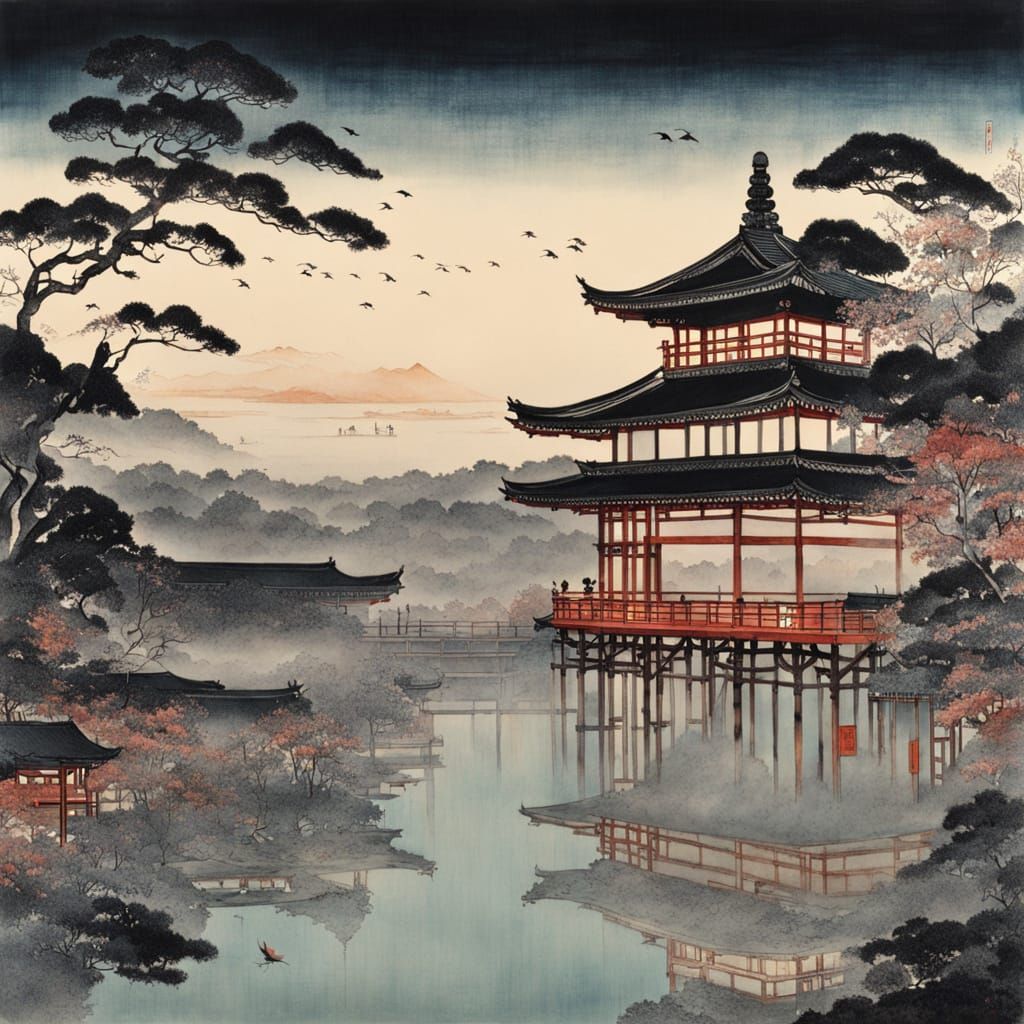 Japanese Ukiyo-e Style Beauty at Dawn