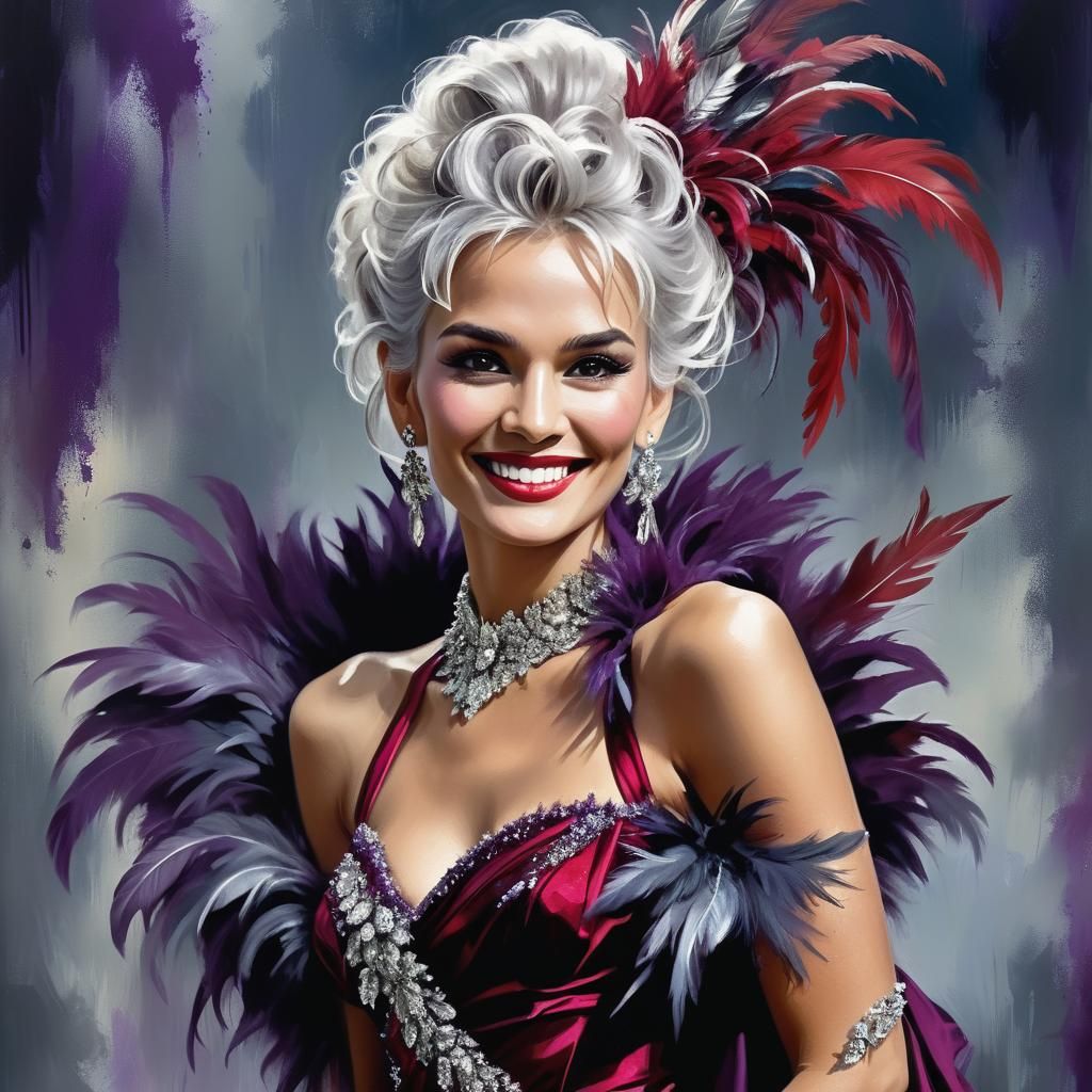 Glamorous Performer in Red Gown, Airbrushed Oil Painting